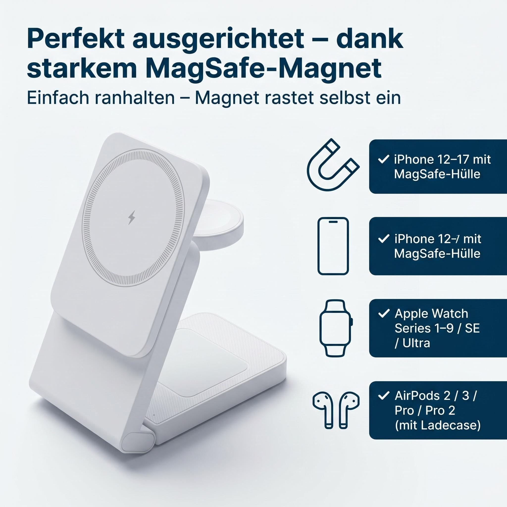 3 in 1 MagSafe Induktive Ladestation, Kabelloses Ladegerät QI2.2 | Magnet Induktionsladegerät für iPhone 12-17 Serie/Apple Watch/AirPods, Wireless Charger Stand mit 20W Adapter, Silber-Schwarz