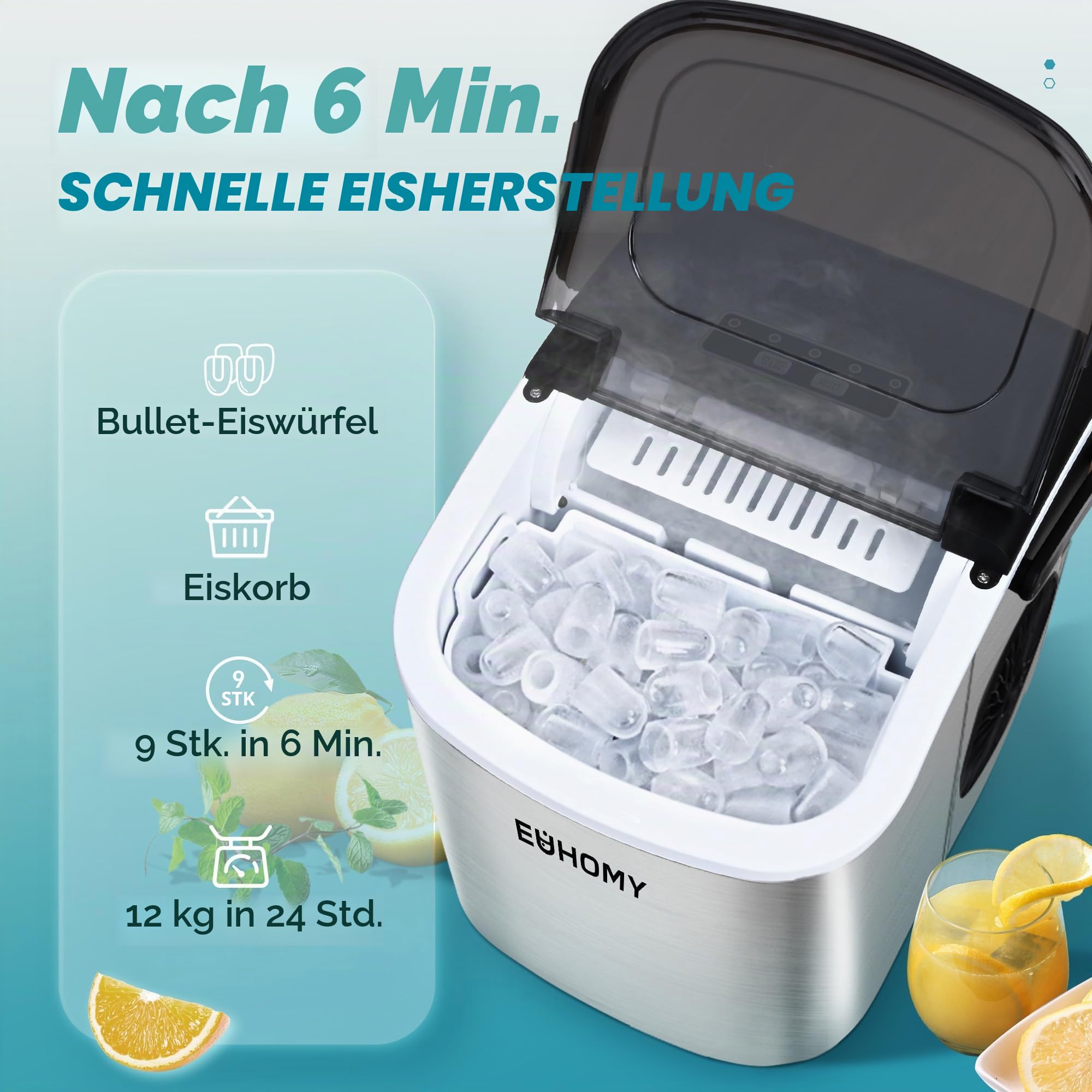 Eiswürfelmaschine Klein, 9 Eiswürfel in 6 Minuten, 12 kg/24H, Eiswürfelmaschine Edelstahl mit Tragbarem Griff, Selbstreinigender Kompakter Eiswürfelmaschinen für Zuhause/Küche/Büro/Bar