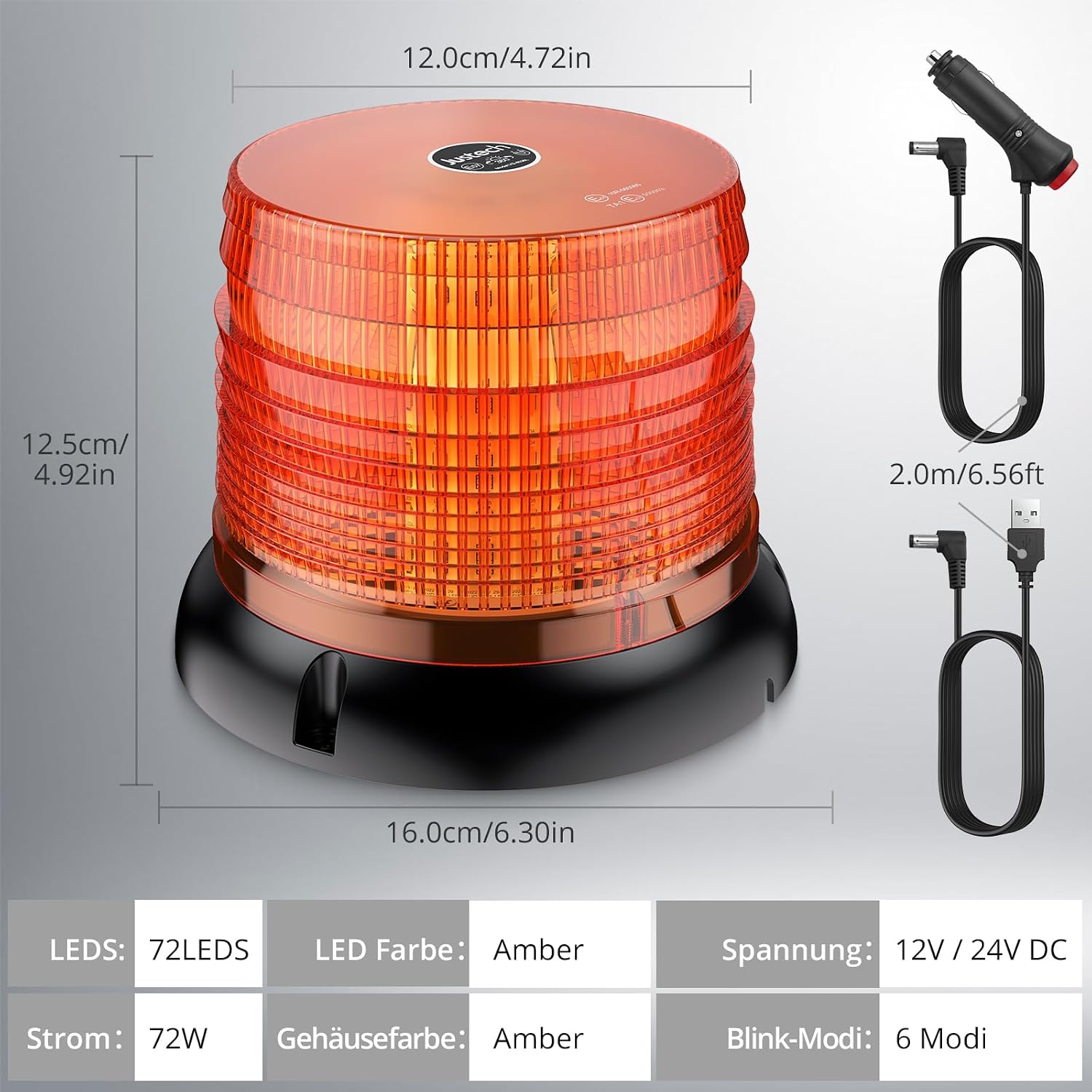 Warnleuchte Rundumleuchte 360° Gelb Blitzleuchte 7 modus mit 5m Netzkabel Doppelter Schraube 12V / 24V Warnlicht mit Magnetfuß Notfallblinklampe Magnet Transparent für Auto LKW usw