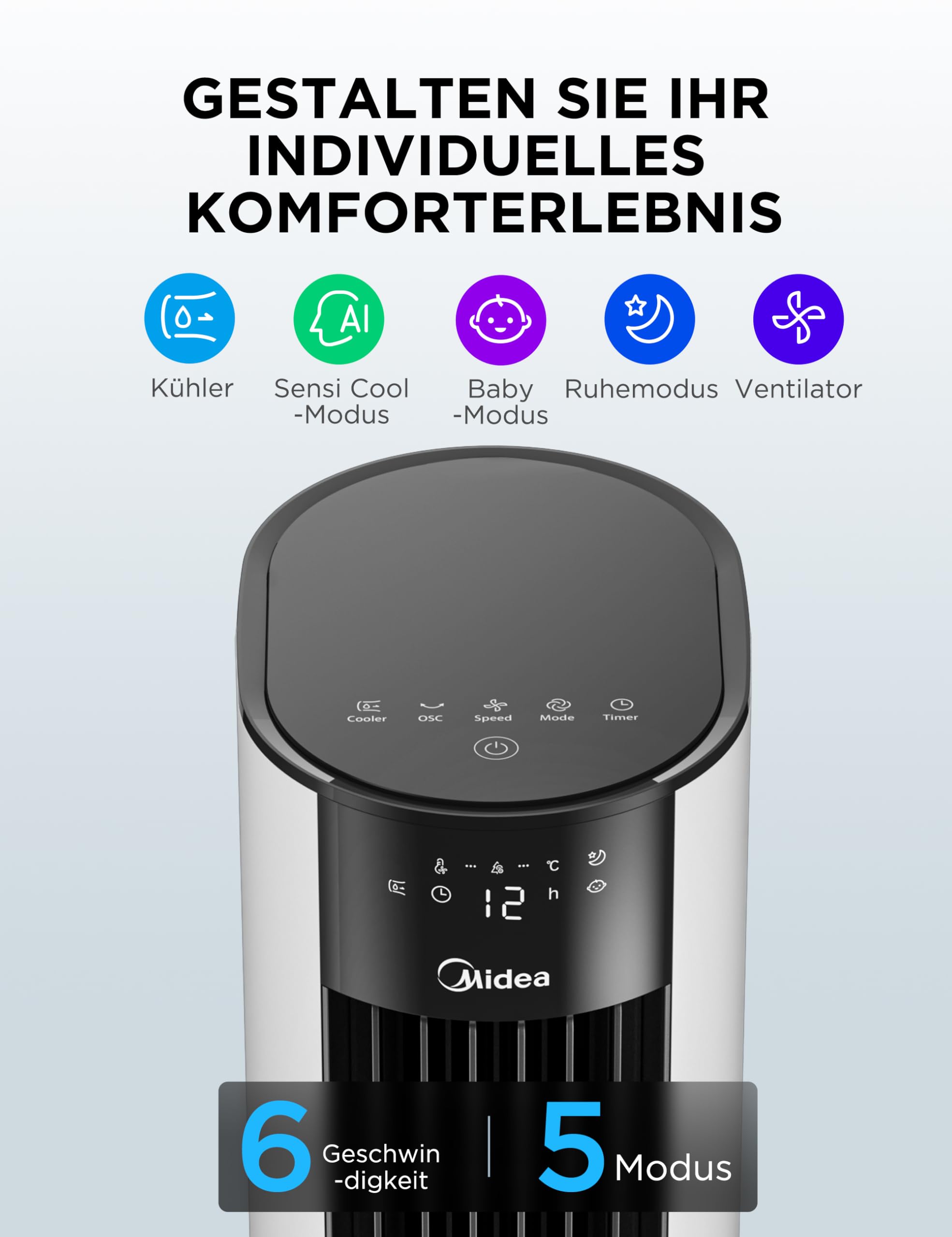 4-in-1 Mobile Klimaanlage Leiser:Luftkühler,Turmgebläse,Luftbefeuchter und Luftreiniger,mit Fernbedienung,5L Wassertank,355m³/h Luftdurchsatz,55W,LED-Display,Timer,Weiß