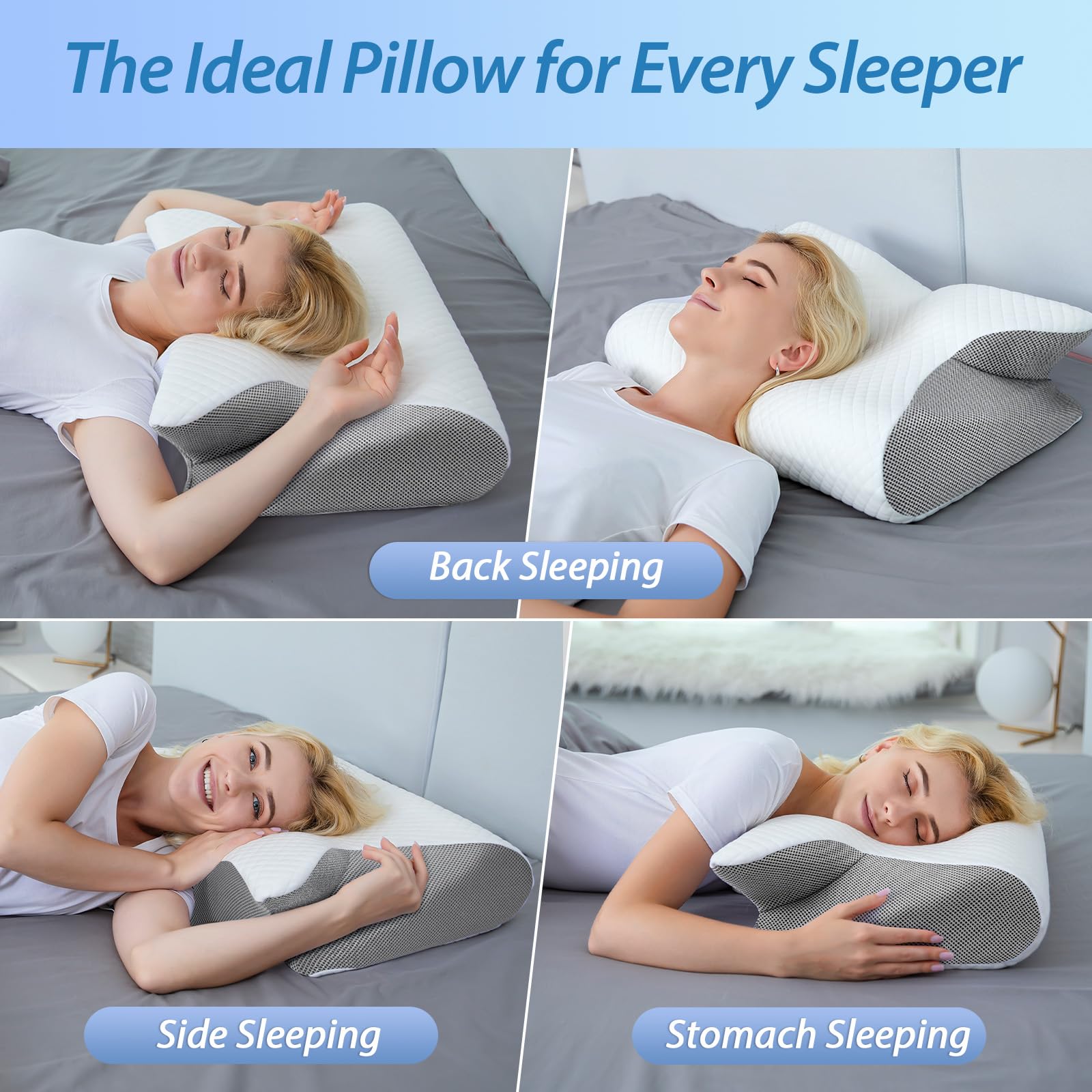 2 in 1 Ergonomisches Nackenkissen Orthopädisches Kopfkissen Memory Foam Kissen für Rücken-, Seiten- und Bauchschläfer, 60x40x12/14cm