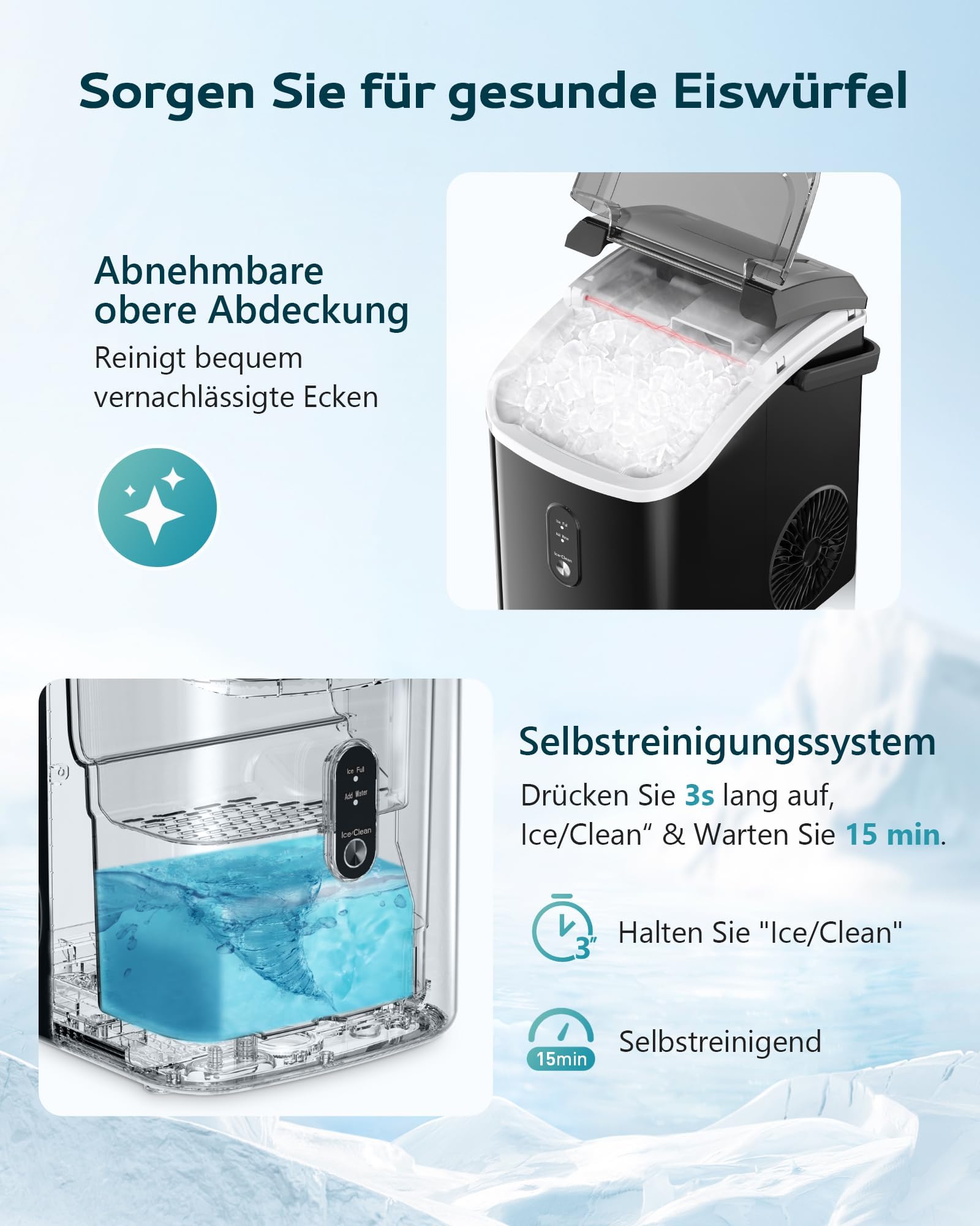 Eiswürfelmaschine Klein, 9 Eiswürfel in 6 Minuten, 12 kg/24H, Eiswürfelmaschine Edelstahl mit Tragbarem Griff, Selbstreinigender Kompakter Eiswürfelmaschinen für Zuhause/Küche/Büro/Bar