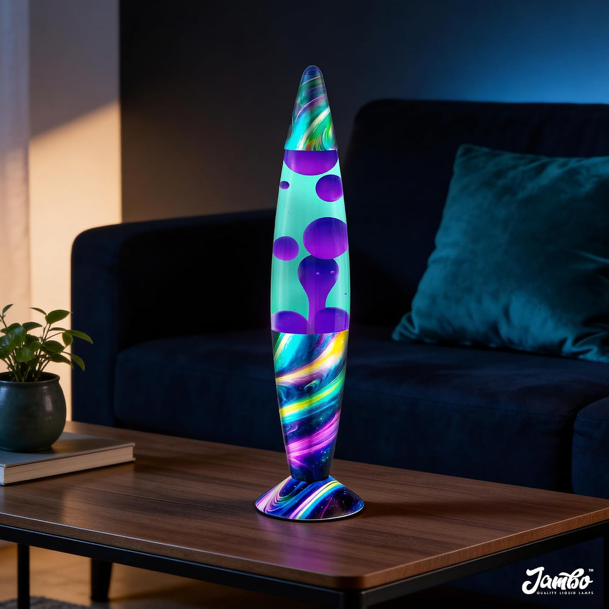 Jambo 16" Wunderschöne Lampe – Blaugrün mit violettem Wachs – Neon-Dämmerung, entspannendes flüssiges Licht, Nachtlicht, Heimdekoration, Wohnzimmer, Büro, Schlafzimmer, Teenager, Kinder, Magma Motion