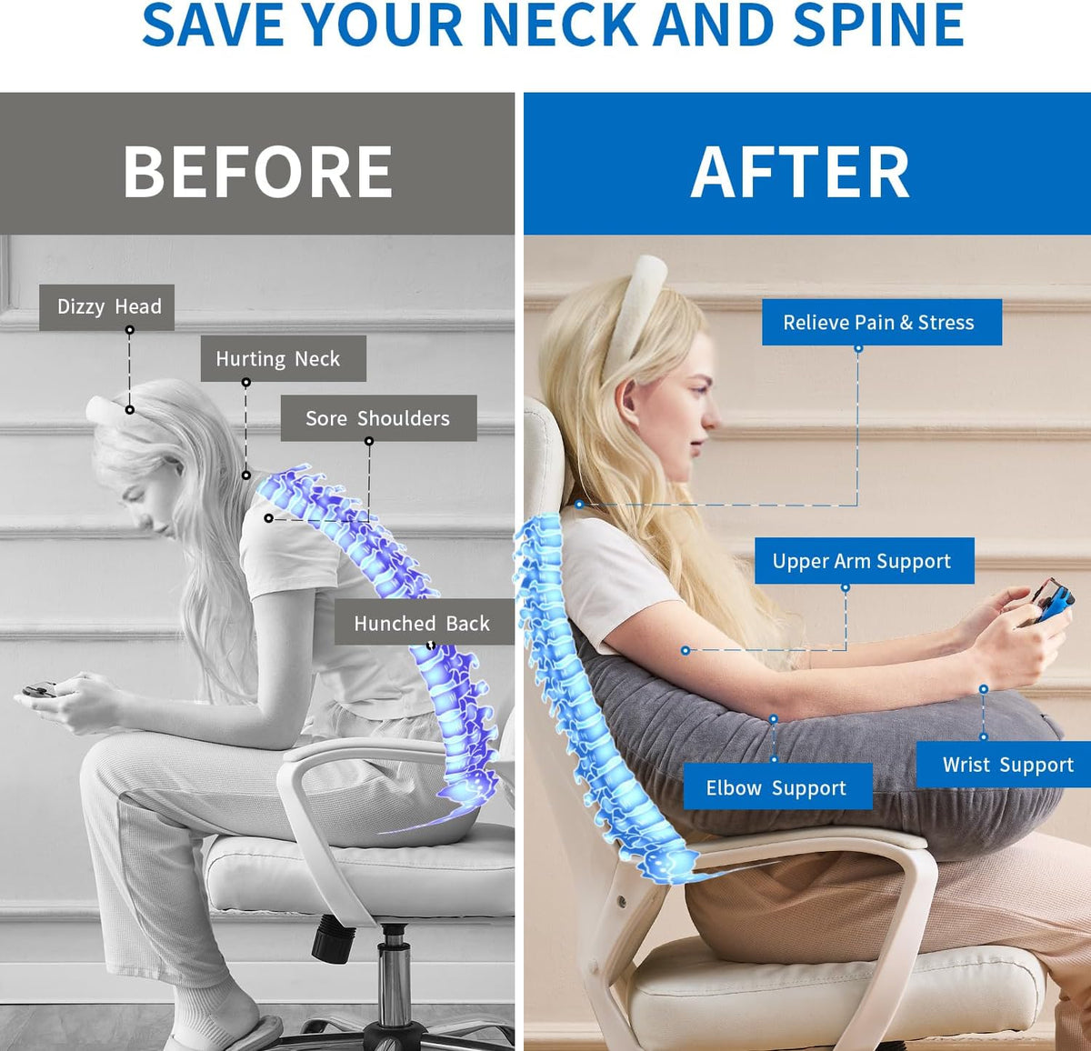 Lesekissen, ergonomische Armstütze zum Spielen, Häkeln, Laptop-Stützkissen zum Sitzen im Bett & Sofa, Haltungskorrektur-Kissen für den Schoß, Samtbezug waschbar (Soft Grau)