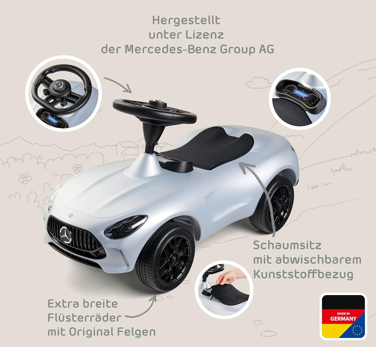 Mercedes-AMG GT - Designt zusammen mit Mercedes-AMG, mit Breiten Flüsterreifen und griffigem Lenkrad, Rutscher-Auto, für Kinder ab 18 Monaten