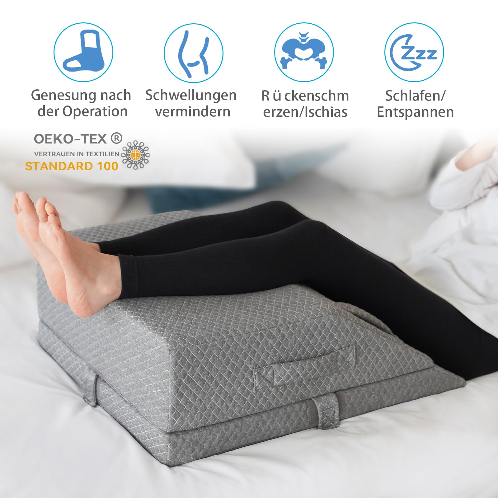 Höhenverstellbare Venenkissen Beinhochlagerungskissen Einsatz Post-Op./Verletz./Ruhe, Beinkissen aus Memoryschaum mit 3 Griffen und Einsetzbarem Polstereinsatz, Waschb. Samtbez