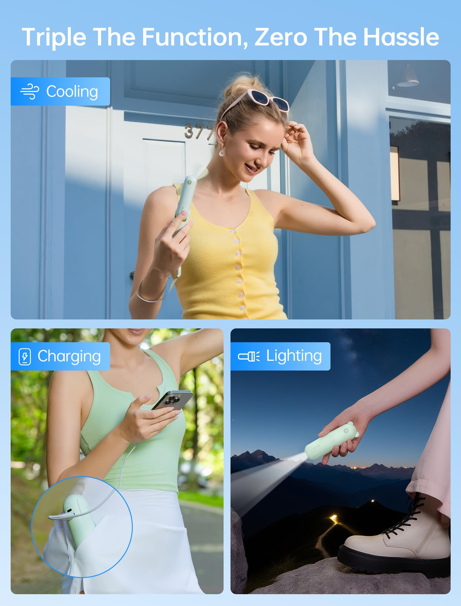 Mini Handventilator, 3-in-1 Handventilator, wiederaufladbarer USB /12–19 Betriebsstunden - mit Powerbank, Taschenlampe, tragbarer Ventilator für Reisen/Sommer, Geschenke für Frauen-Rosa