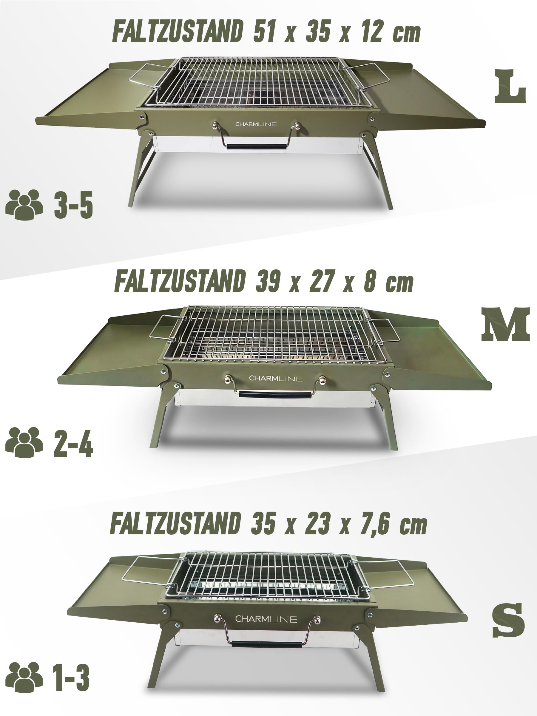 Tragbarer Holzkohlegrill, Klappbarer Campinggrill 35 x 23 cm für 1–3 Personen, Mini BBQ Grill für Balkon, Garten, Camping, Picknick und Strand
