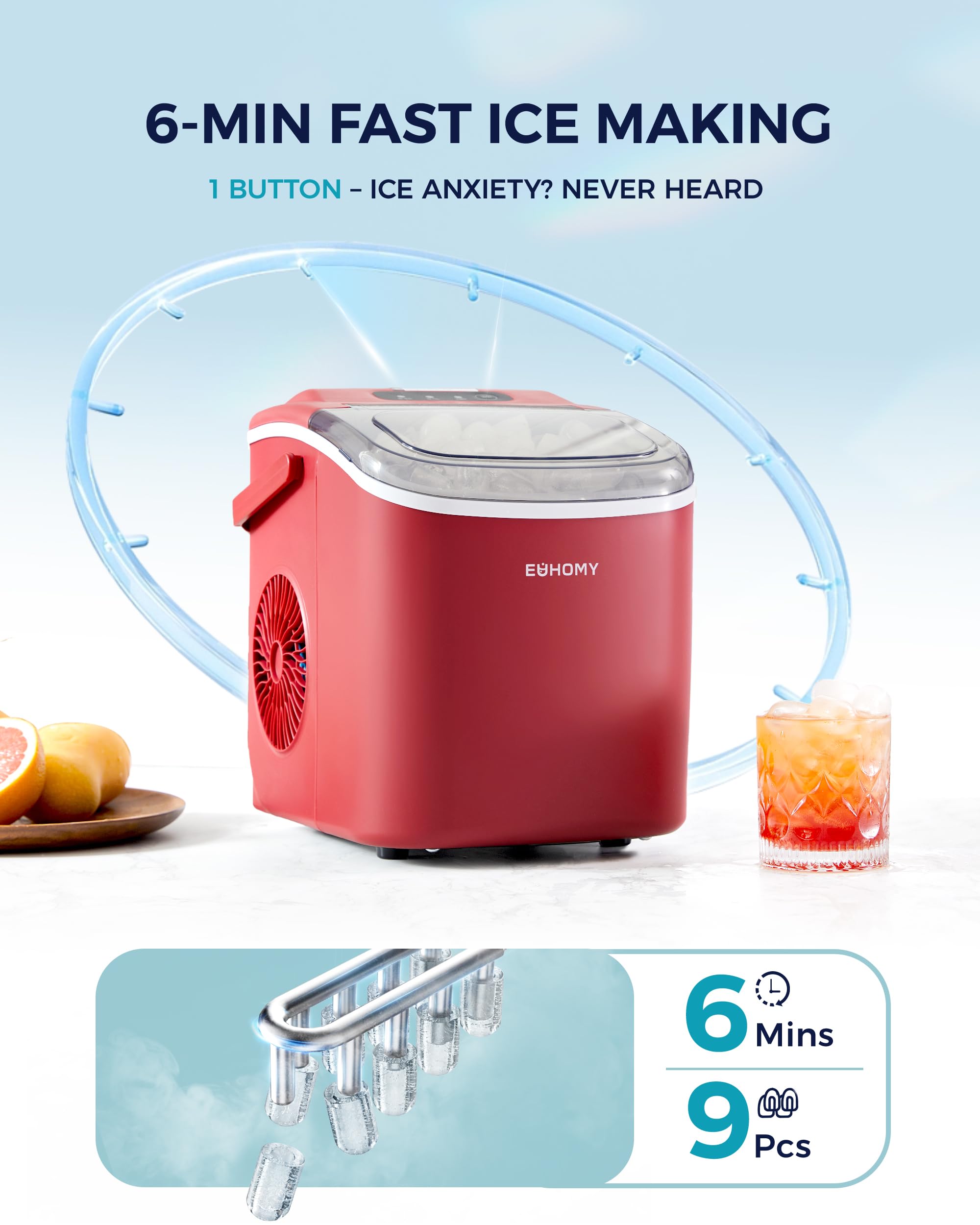 Eiswürfelmaschine Klein, 9 Eiswürfel in 6 Minuten, 12 kg/24H, Eiswürfelmaschine Edelstahl mit Tragbarem Griff, Selbstreinigender Kompakter Eiswürfelmaschinen für Zuhause/Küche/Büro/Bar