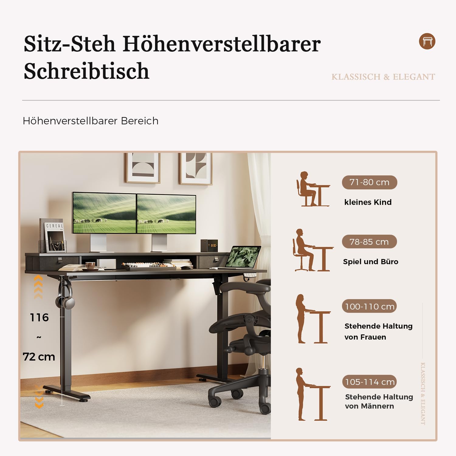 Höhenverstellbarer Schreibtisch mit Doppelschubladen, Elektrisch Höhenverstellbarer Schreibtisch, Sitz-Steh-Computertisch, Ergonomischer Stehschreibtisch