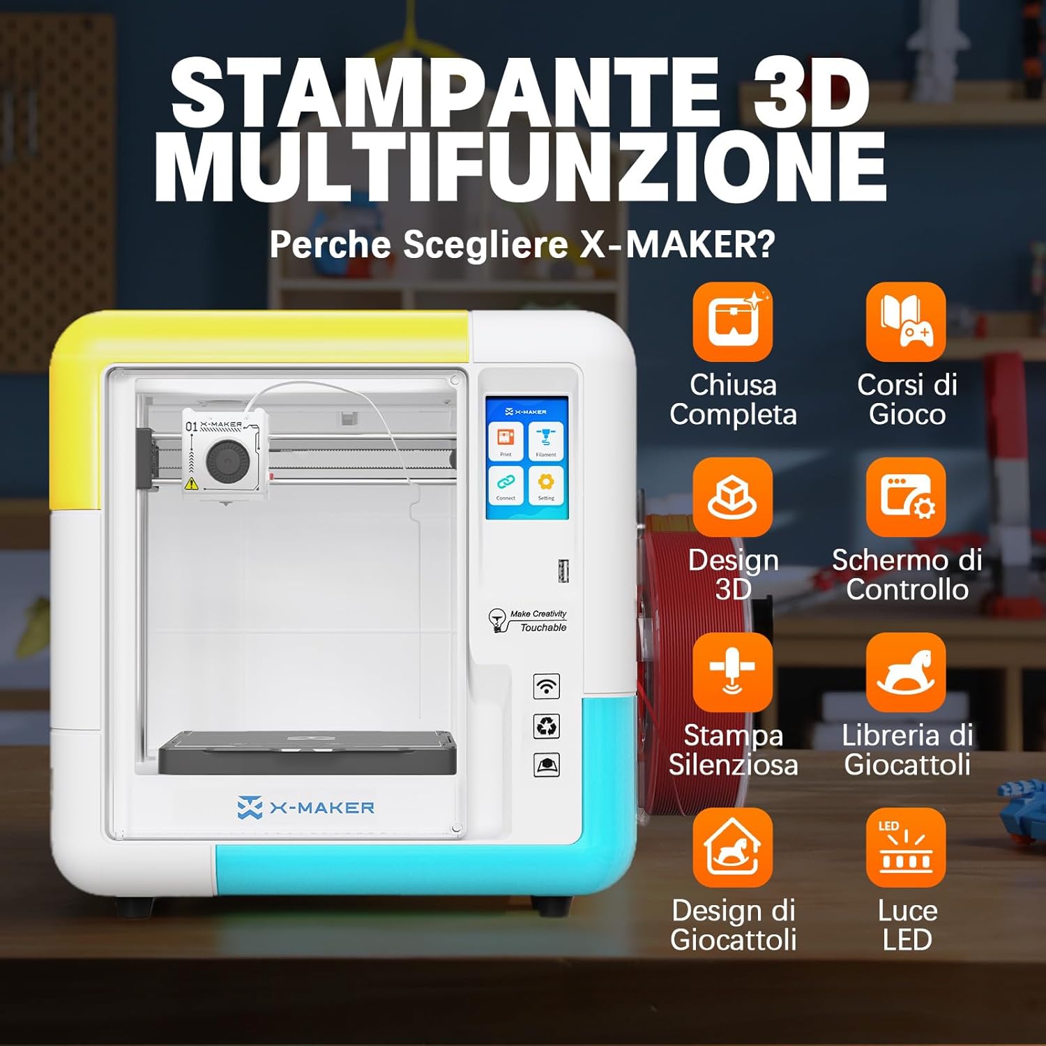 X-Maker 3D-Drucker mit Design-App - Vollständig geschlossen, KI Design-App, umfangreiche Sammlung an 3D-Spielzeugvorlagen, mit 16+ Mini-3D- Designmodulen, schneller Düsenwechsel