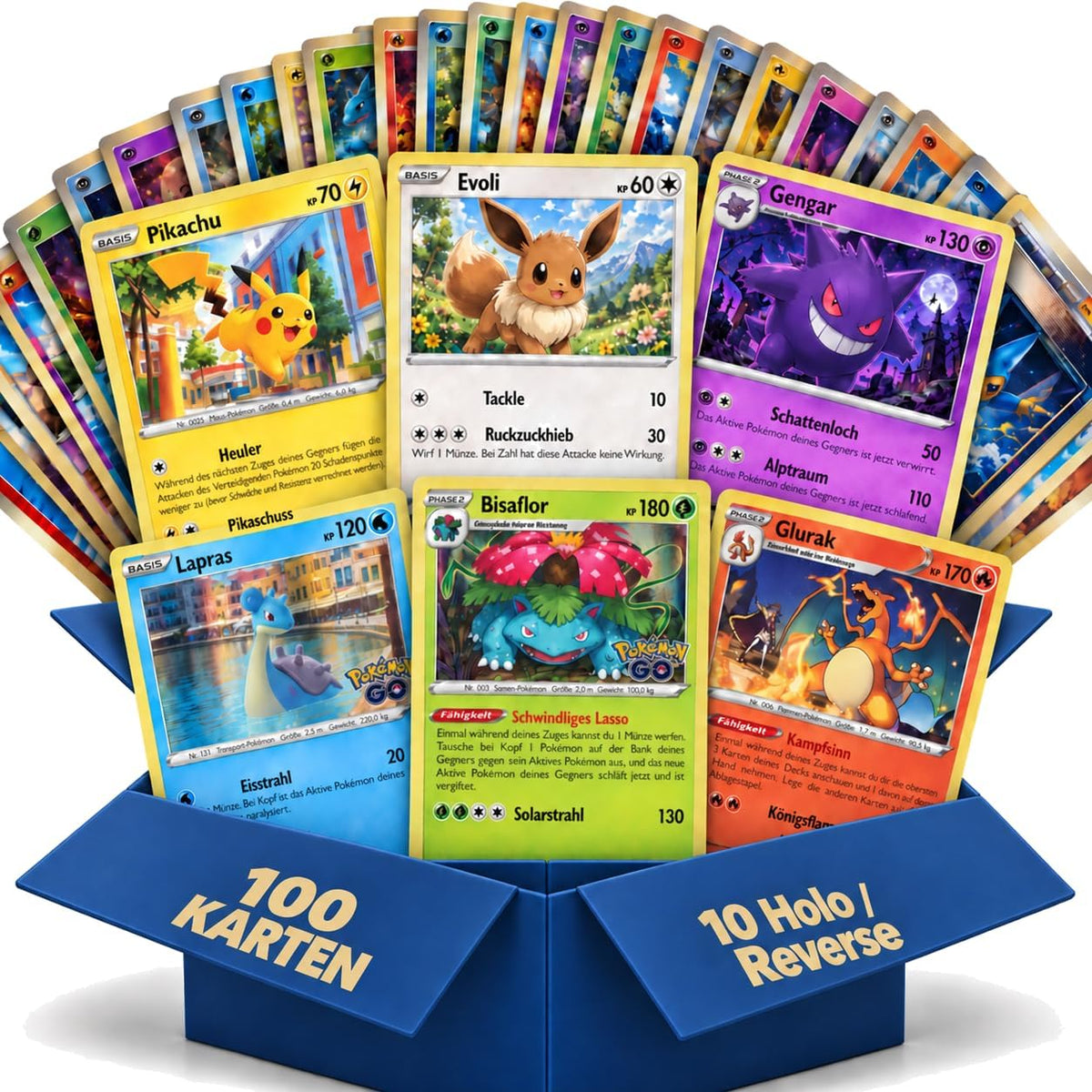 Pokemon Karten Set 100 Stück Deutsch Original – Sammelkarten Paket mit 10 Glitzerkarten (Holo, Reverse Holo) und 90 Basiskarten – Starter Sammlung für Kinder ab 6 Jahren, Geschenk zu Weihnachten
