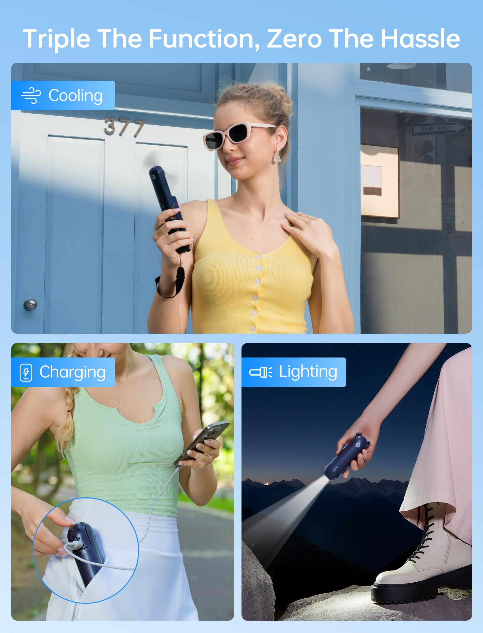 Mini Handventilator, 3-in-1 Handventilator, wiederaufladbarer USB /12–19 Betriebsstunden - mit Powerbank, Taschenlampe, tragbarer Ventilator für Reisen/Sommer, Geschenke für Frauen-Rosa