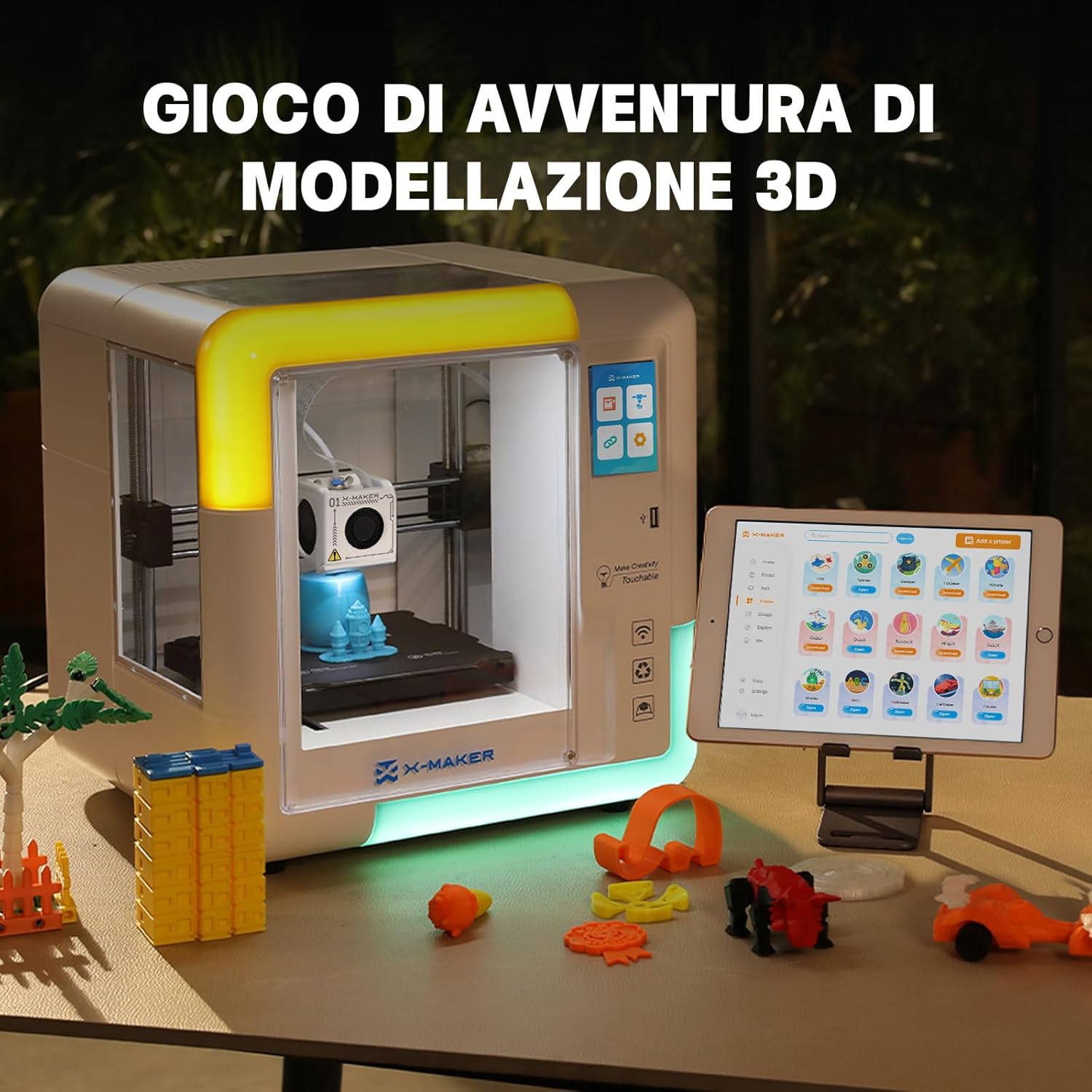 X-Maker 3D-Drucker mit Design-App - Vollständig geschlossen, KI Design-App, umfangreiche Sammlung an 3D-Spielzeugvorlagen, mit 16+ Mini-3D- Designmodulen, schneller Düsenwechsel