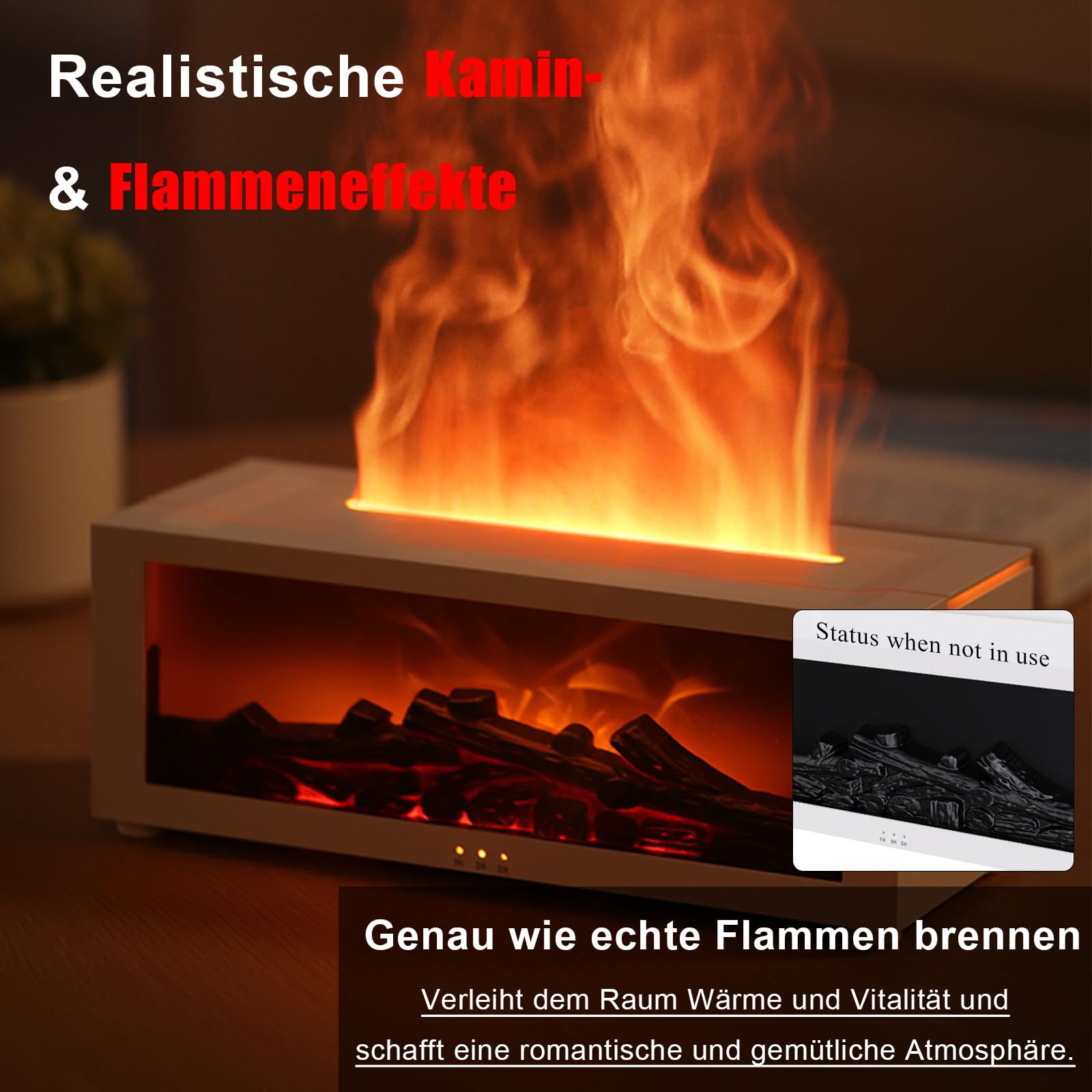 Aroma Diffusor mit LED-Kamin, Duftöl Diffusor für ätherische Öle mit 7-farbigem Lichtflammeneffekt, 150 ml Luftbefeuchter mit Fernbedienung, 4-Timer, Wasserloses Automatisches Ausschalten