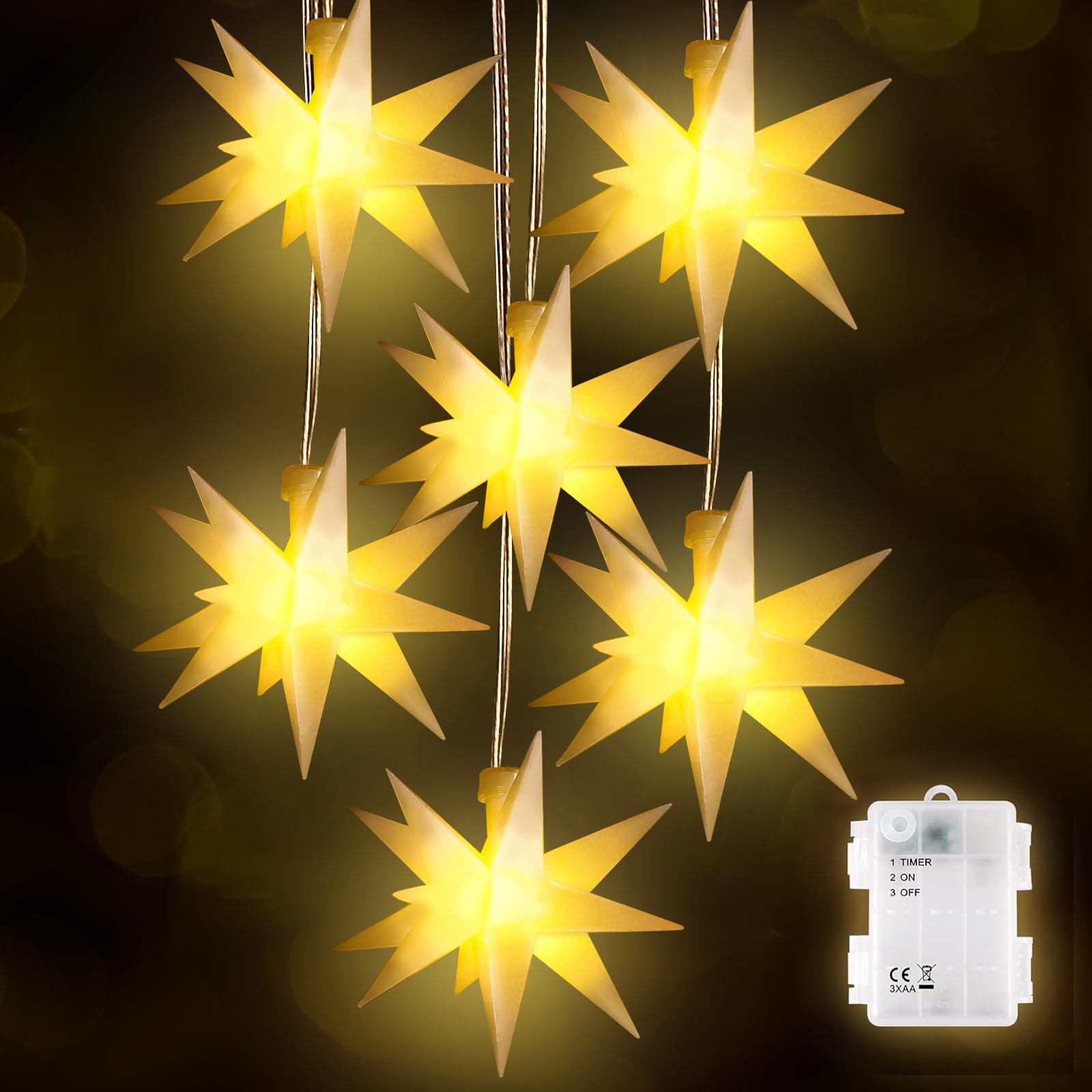Set von 6 LED Weihnachtsstern beleuchtet Outdoor Indoor LED Star Batterie Weihnachtsdekoration 3D Leuchtender Stern Weihnachtsfenster Weiß