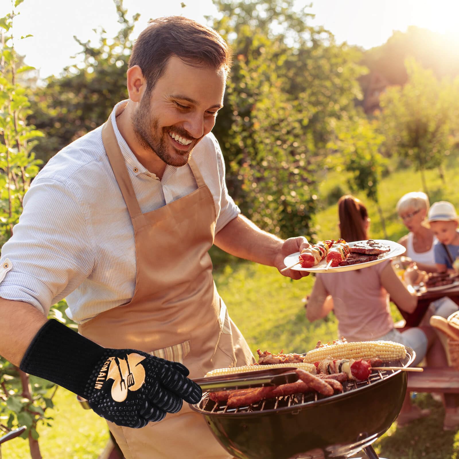 Reinalin Grillhandschuhe Hitzebeständig bis 800°C, Ofenhandschuhe Topfhandschuhe Feuerfeste Handschuhe BBQ Handschuhe Kochhandschuhe Backhandschuhe Backofenhandschuhe (L/XL/XXL, Schwarz)