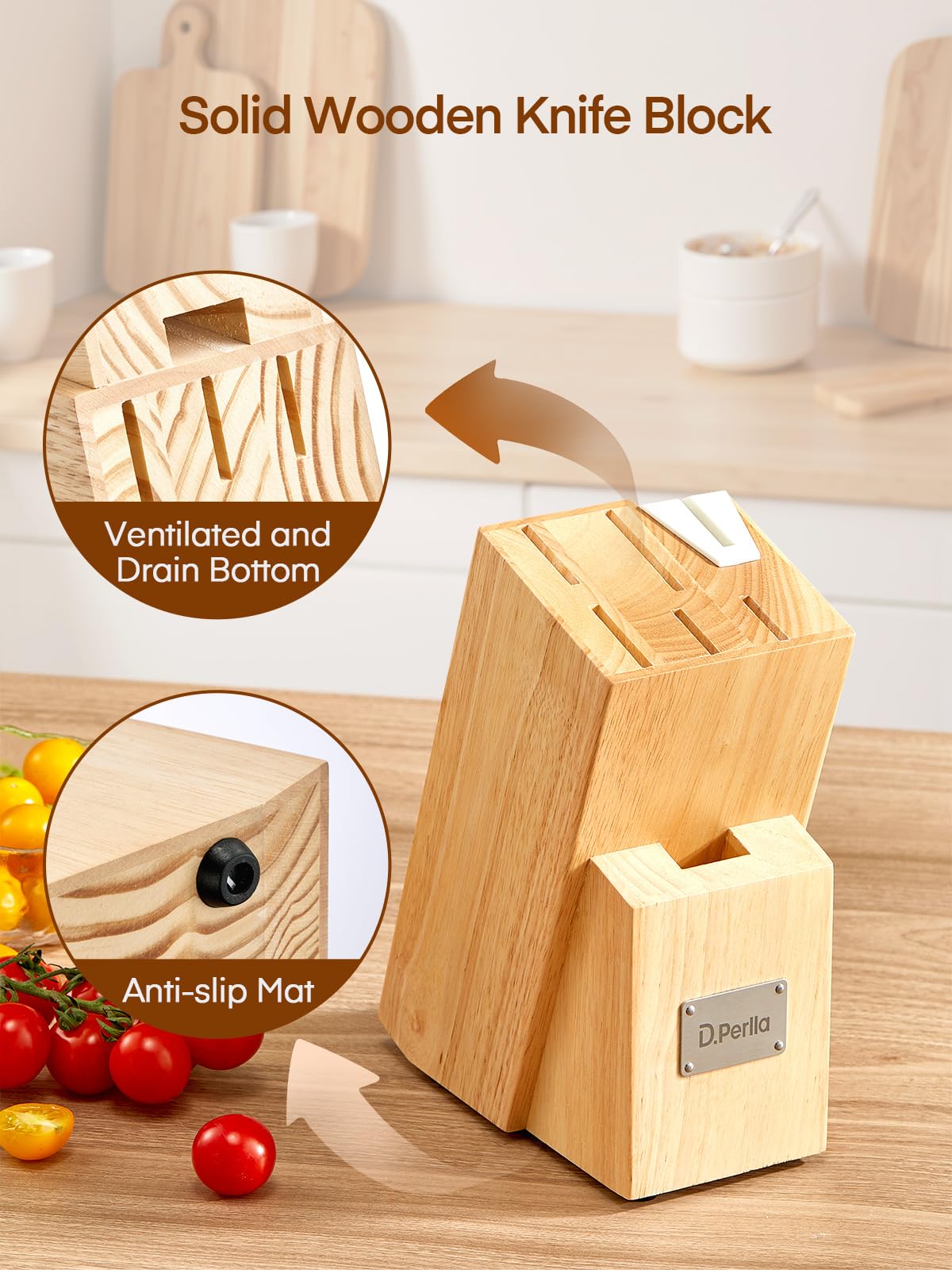 Messerblock Set, 14-teiliger selbstschärfender Messerblock mit Messer, scharfer Edelstahlmessersatz mit Kunststoffgriff und Holzblock, professionelles Küchenmesserset