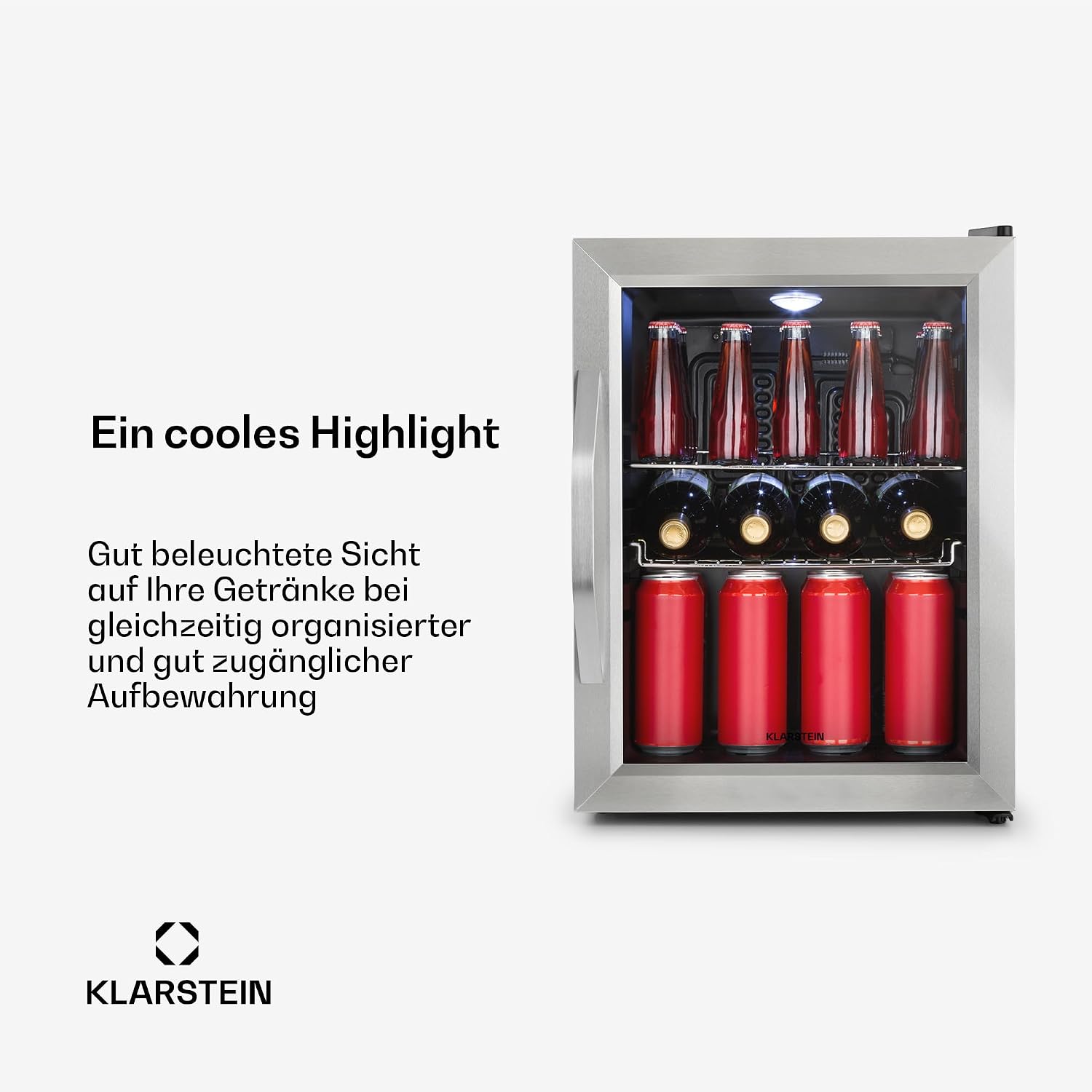 Getränkekühlschrank 33 L – Mini Kühlschrank mit Glastür, Silber-Schwarz | LED-Beleuchtung, herausnehmbare Metallablagen, leise, Flaschenkühlschrank für Getränke & Dosen