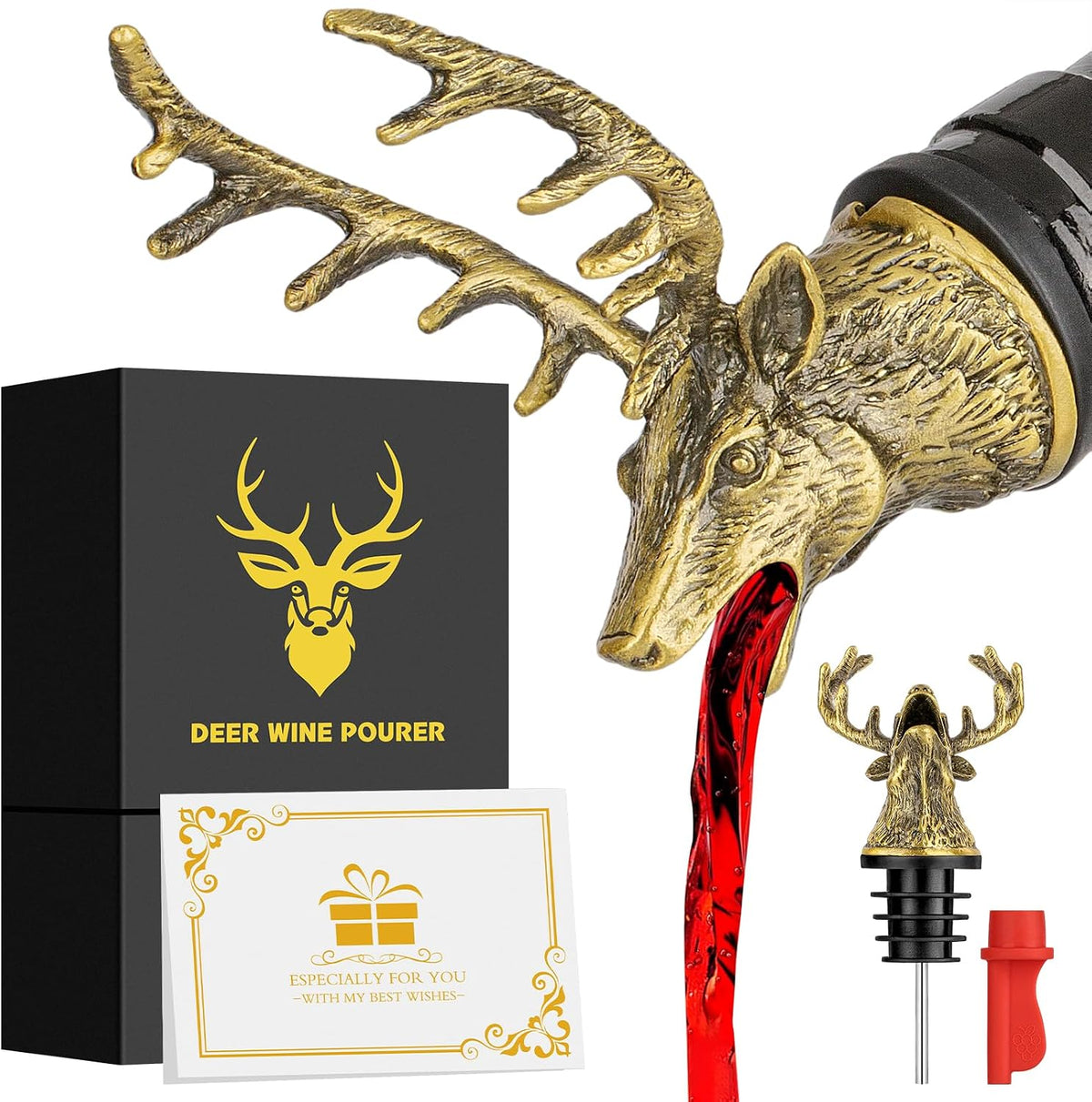 Hirschkopf 2-in-1 Weinflaschenausgießer und Stopper mit Geschenkbox Männer Frauen Jagdgeschenke für Jäger Likörflasche Ausgießer Alkohol Spirituosen Hirsch Wein Geschenke Saver