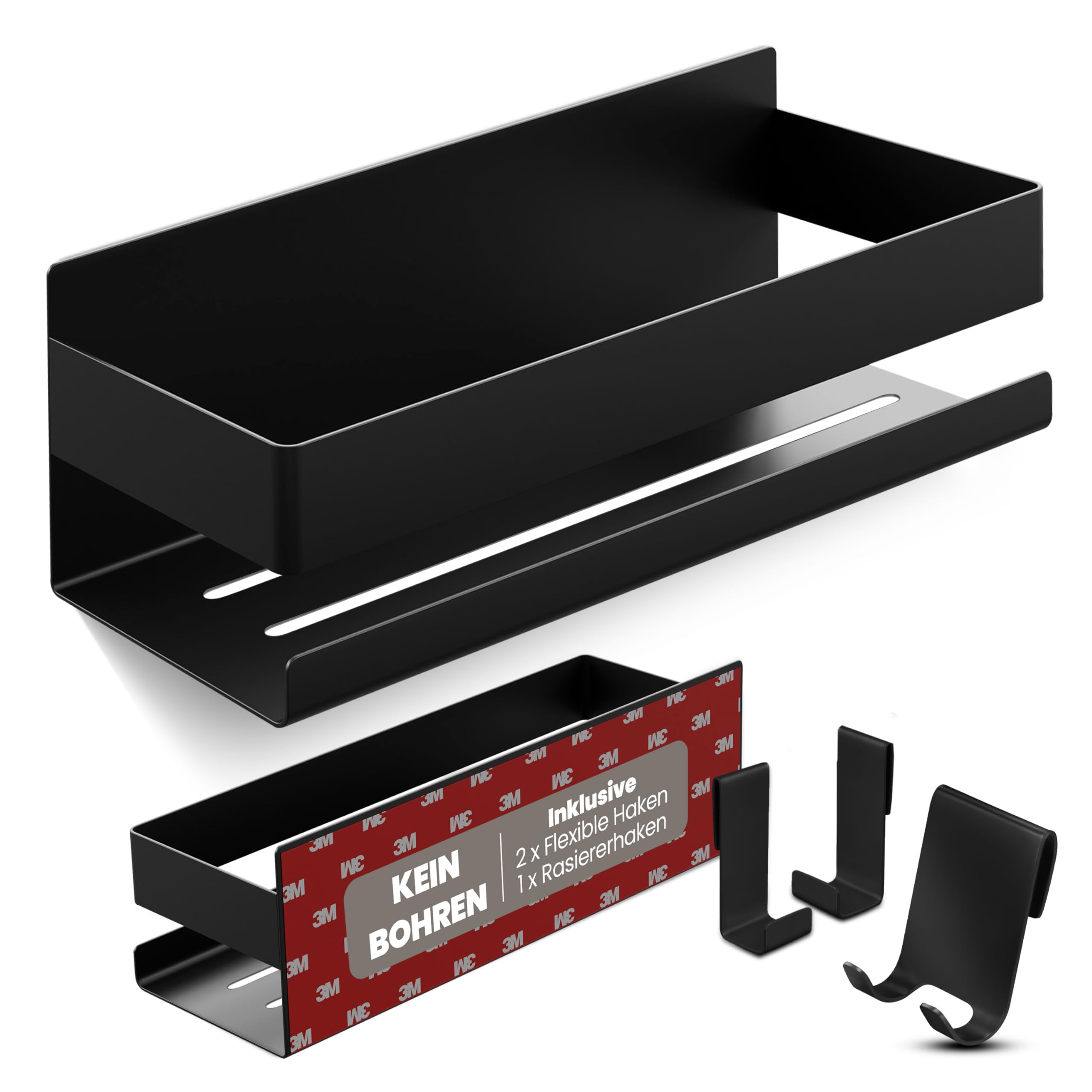 Duschablage Ohne Bohren - Badregal - Duschkorb - Bad Organizer | Massiv - silber gebürstet - 22 cm x 9 cm - 2 Klebevarianten für Nass- und Trockenbereich