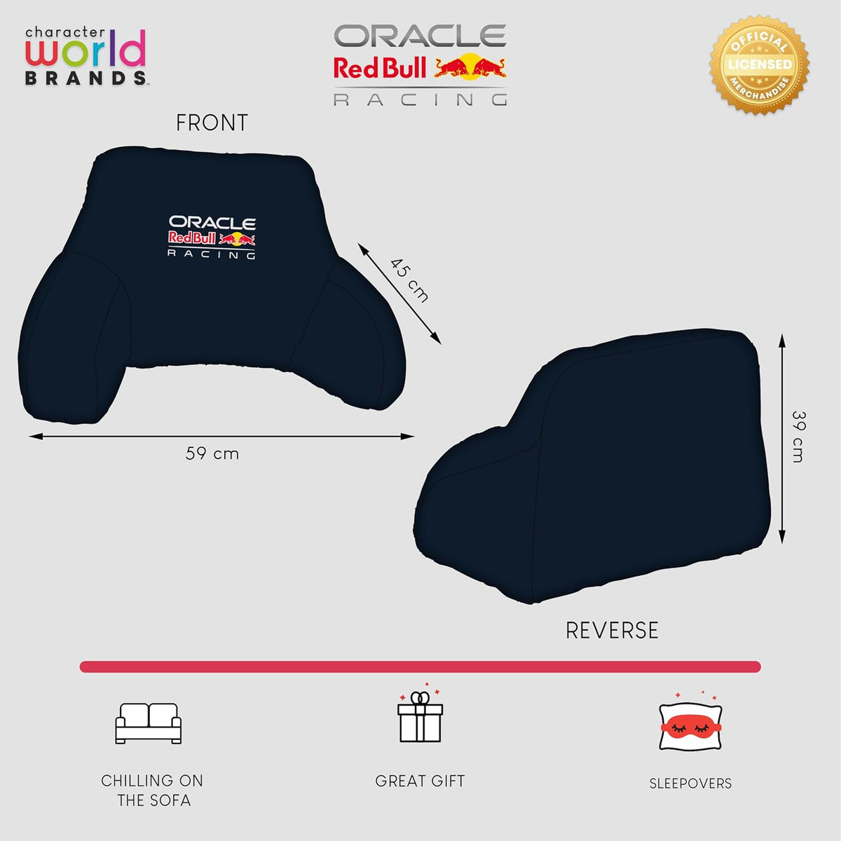 Oracle Red Bull Racing offiziell lizenziertes Kuschelkissen | Superweiches, marineblaues Armlehnenkissen im Stuhldesign | Ultra bequem | Shift-Design | Perfekt für jedes Schlafzimmer, auf dem Sofa