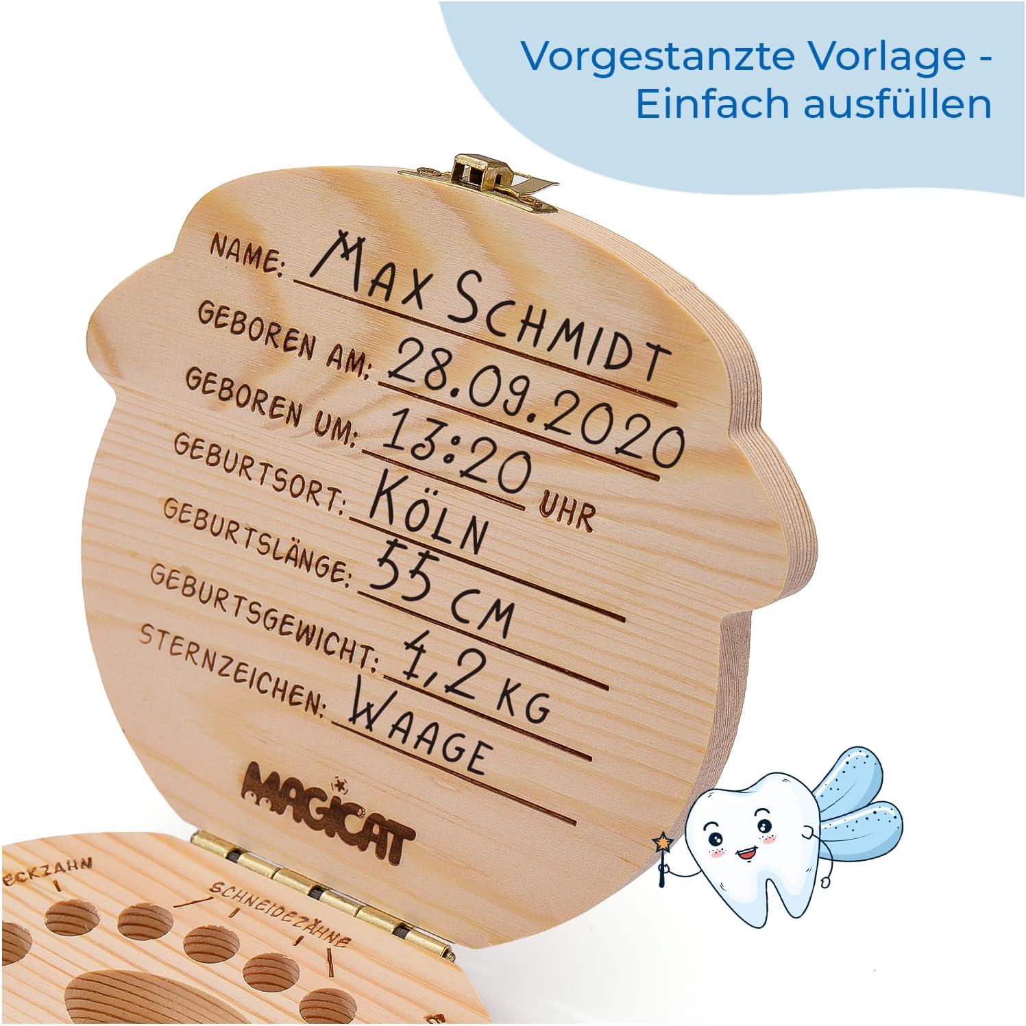 Milchzahndose Jungen, Zahndose aus Holz, Dose zur Aufbewahrung von Milchzähnen, Baby Milchzähne Box als Geschenk zum Geburtstag oder Taufe, inkl. Pinzette und Zahnfee Geschichte