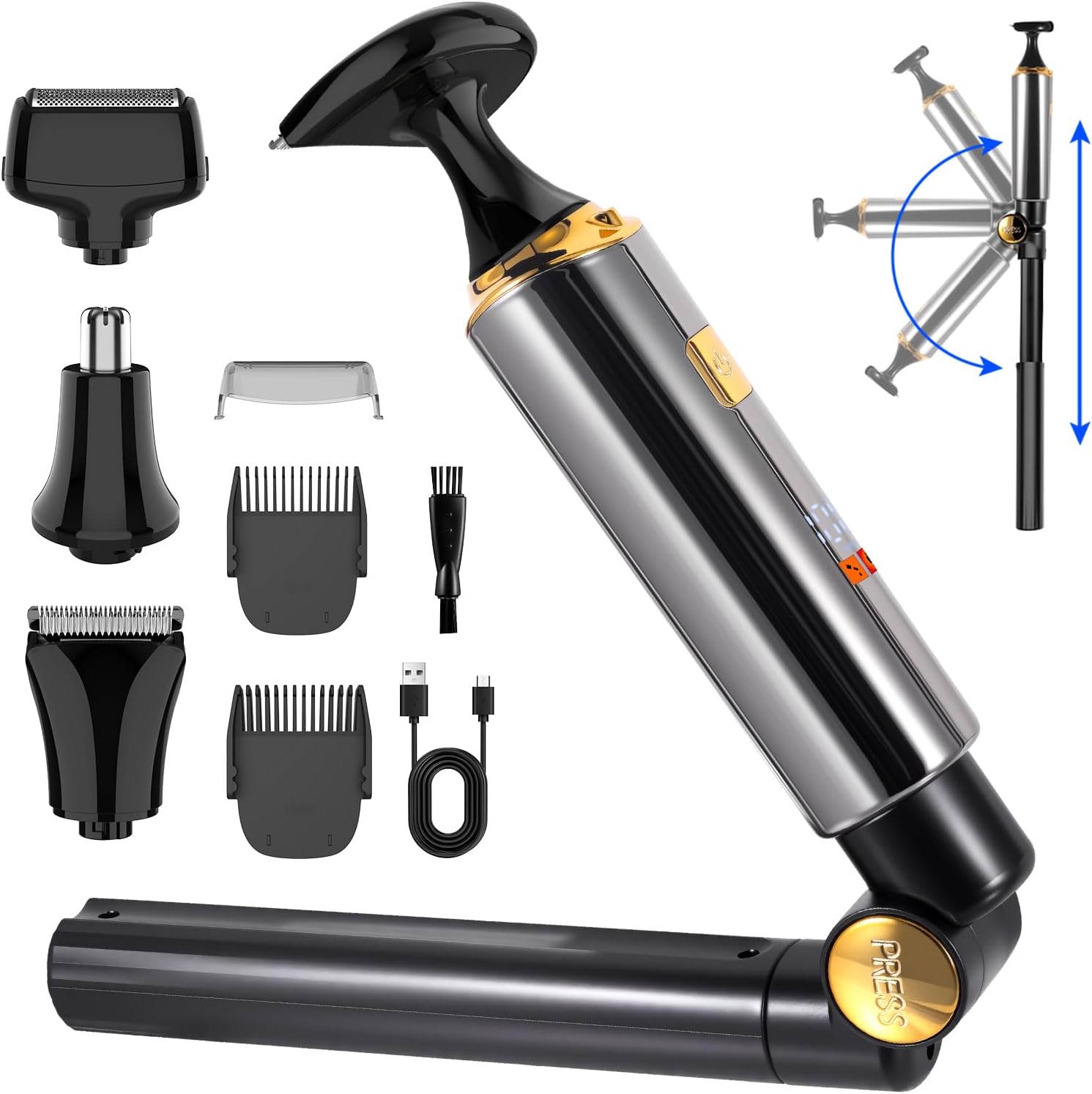 Elektrischer Rückenrasierer für Männer, Körper-Trimmer, Haarschneider, 4-in-1-Set mit ausziehbarem Hilfsarm, wasserdicht, für Gesicht, Kinn, Arme, Rücken, Schamhaar, Pflege-Set