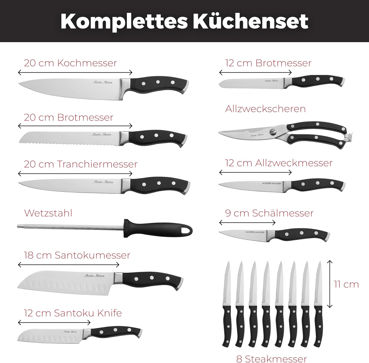 19-teiliges Premium-Küchenmesserset mit Holzblock, Master Maison Besteck aus deutschem Edelstahl mit Messerschärfer und 8 Steakmessern