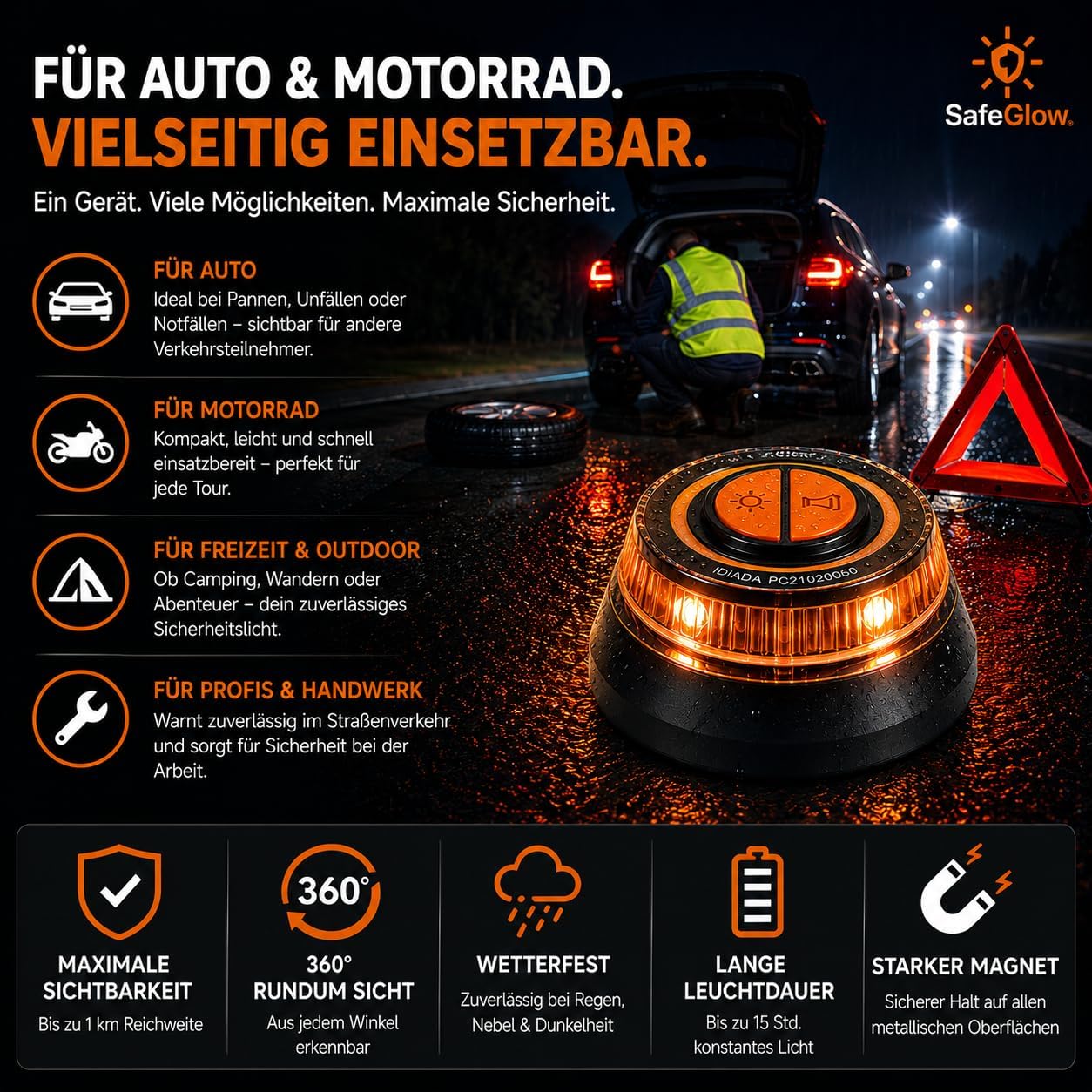 Warnleuchte V16 Notlicht 2026 IDIADA Zulassung Nr. PC21020060 - Warndreieck - Pannendreieck - EU Zulassung - für Auto & Motorrad