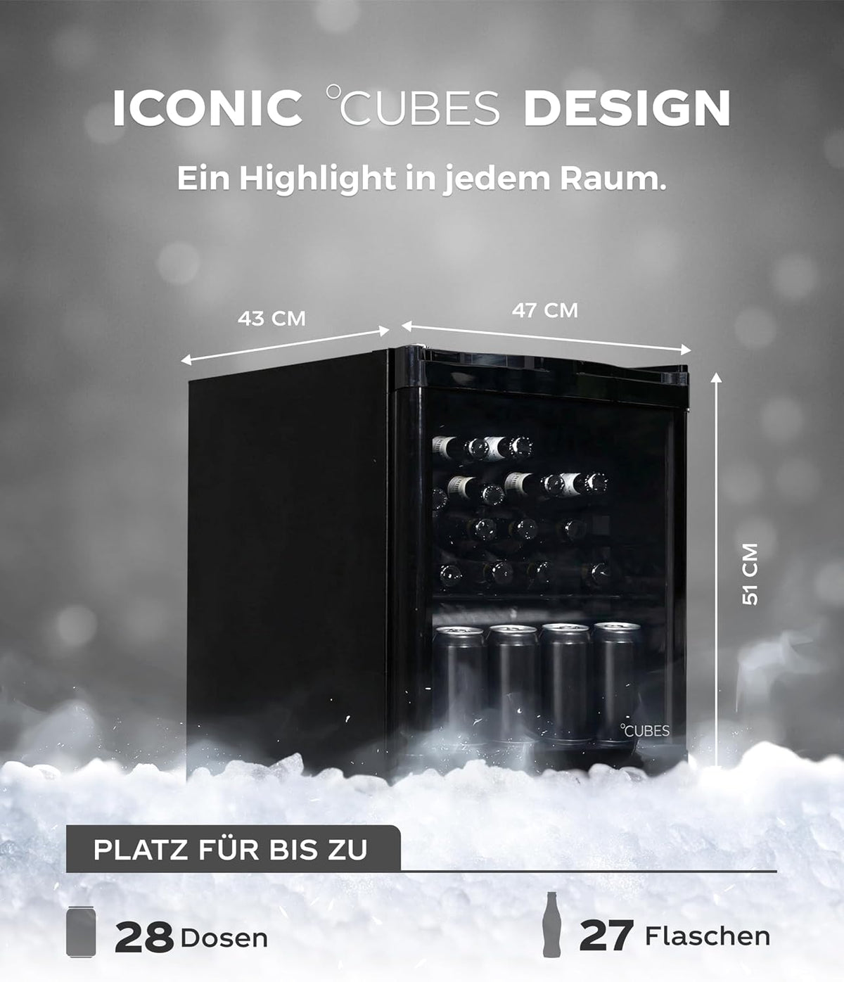 Mini Kühlschrank 48 L Schwarz – Eleganter Getränkekühlschrank mit Glastür & 1 variabler Ablage | Leise & energieeffizient (39 dB) | Perfekt für Büro, Küche, Gaming & Bar | Stilvolles Design