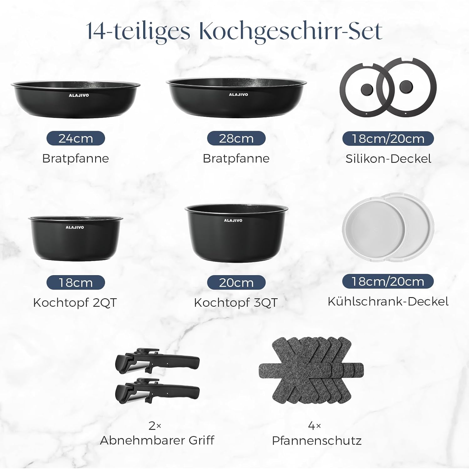 Topfset mit Abnehmbarer Griff, 17-Teilig Topfsets Pfannenset mit Antihaft Beschichtet, Topfset Induktion Kochtopf Set mit Deckel, für Alle Herdarten, Backofenfest, Ofenfest (grau)