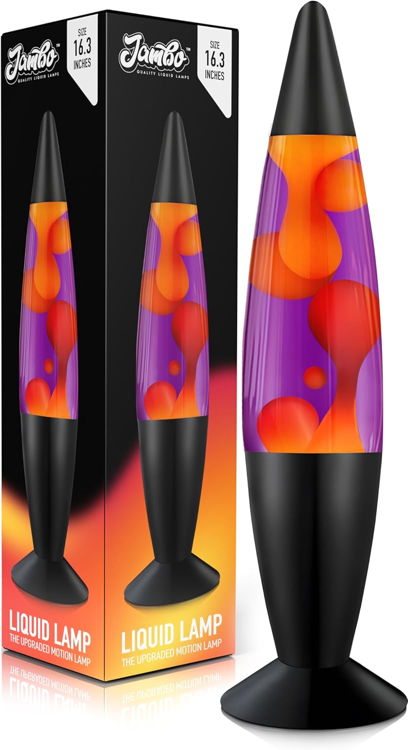 Jambo Liquid-Motion-Lampe mit schwarzem Sockel (Black Base, Purple Liquid, Yellow Wax, 16")