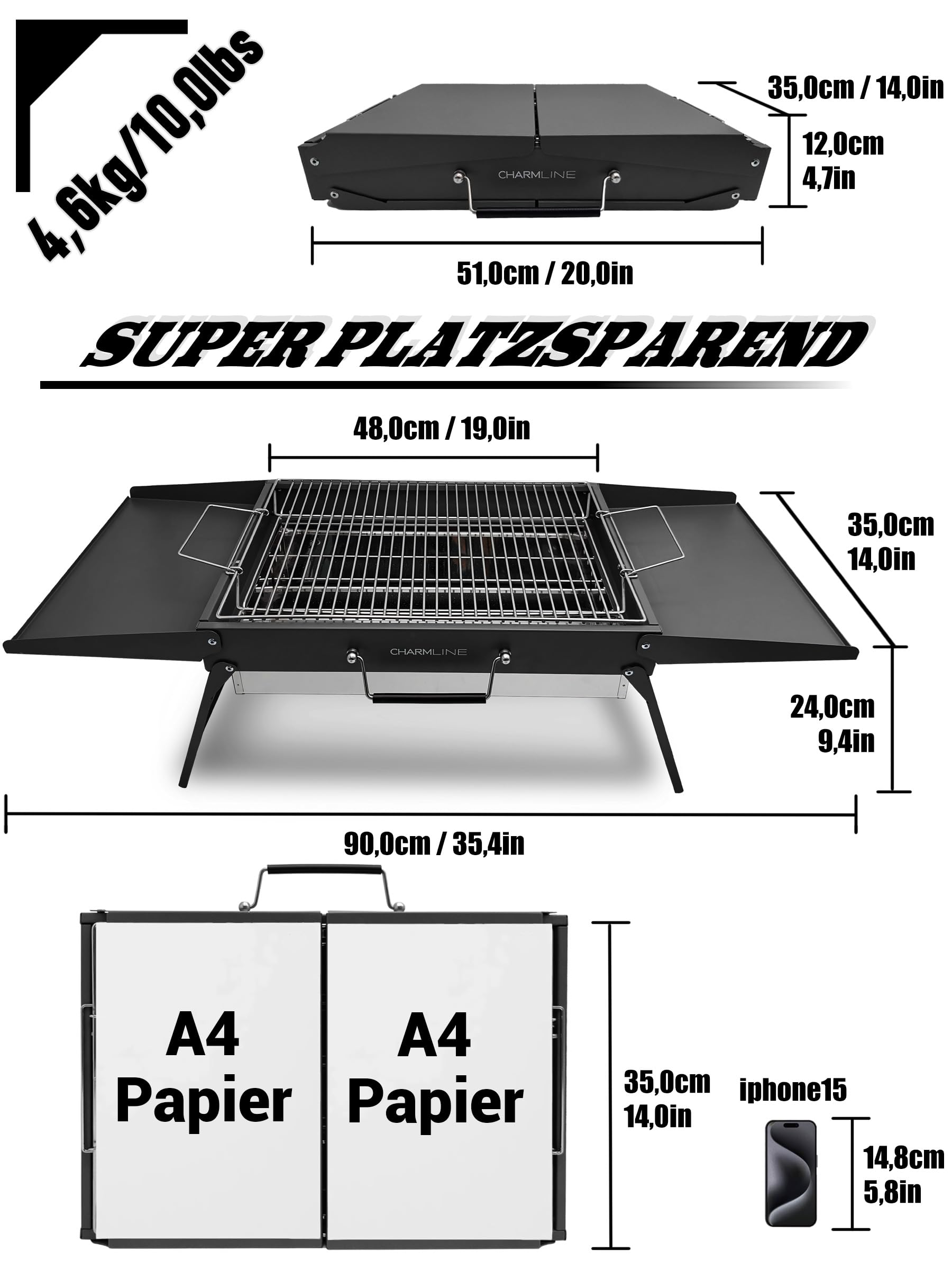 Tragbarer Holzkohlegrill, Klappbarer Campinggrill 35 x 23 cm für 1–3 Personen, Mini BBQ Grill für Balkon, Garten, Camping, Picknick und Strand