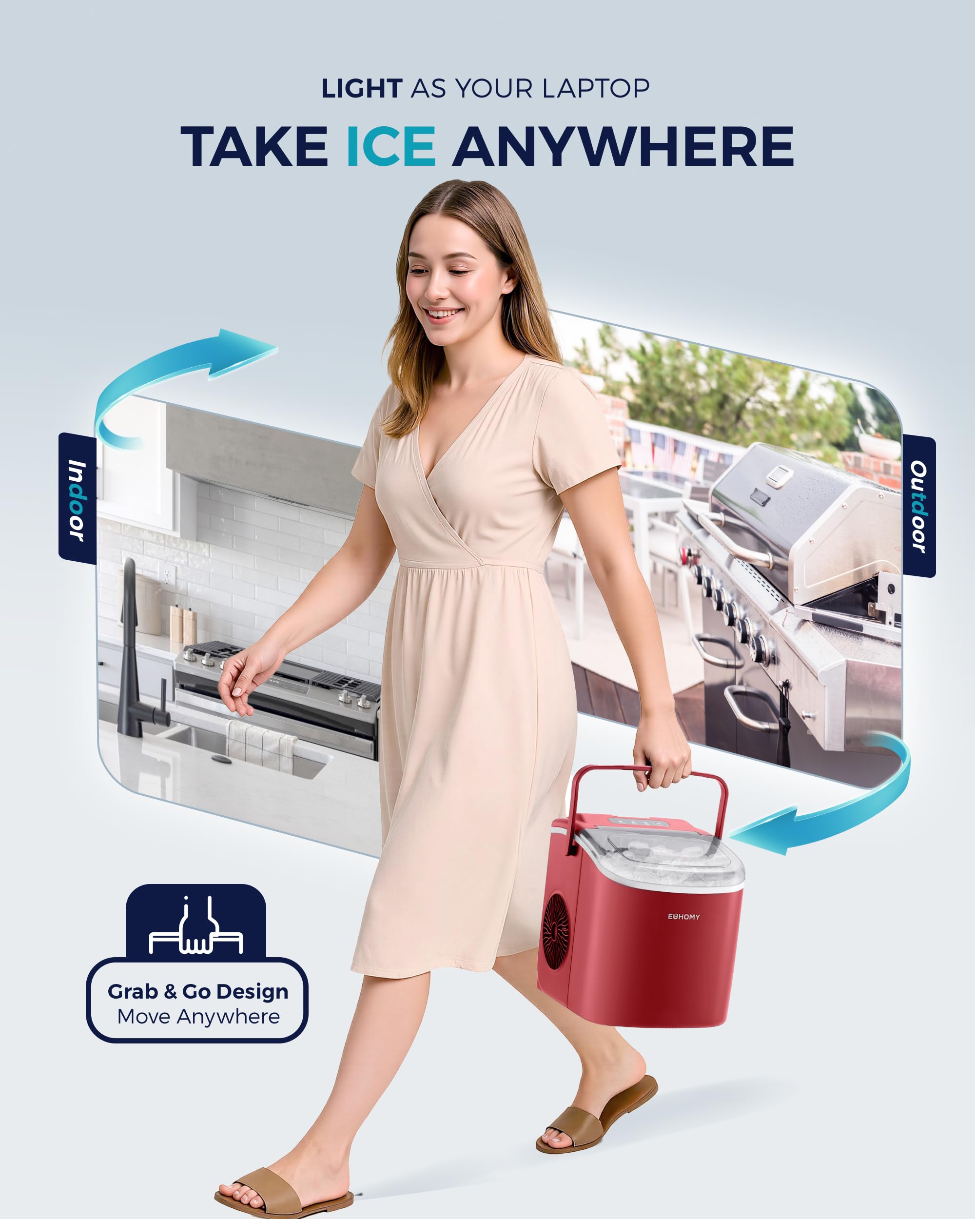 Eiswürfelmaschine Klein, 9 Eiswürfel in 6 Minuten, 12 kg/24H, Eiswürfelmaschine Edelstahl mit Tragbarem Griff, Selbstreinigender Kompakter Eiswürfelmaschinen für Zuhause/Küche/Büro/Bar