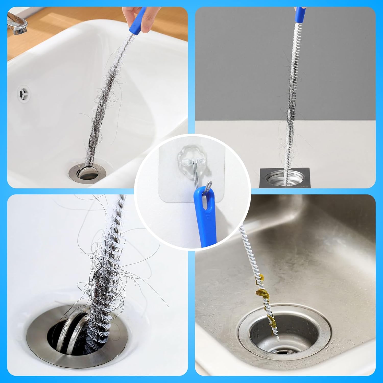 Abflussreiniger Spirale,Doppelkopf-Rohrreinigungsbürste Edelstahl-Kanalreiniger,Abflussreiniger Sticks, Abfluss Bürste,Flexible Reinigungsbürste für den Abfluss in Küche und Dusche