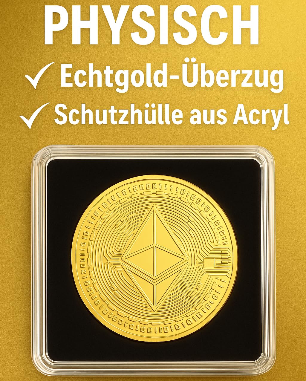 Crypto Bitcoin Coin / 24 Karat Gold / Inklusive elegantes Plexiglas-Münzgehäuse