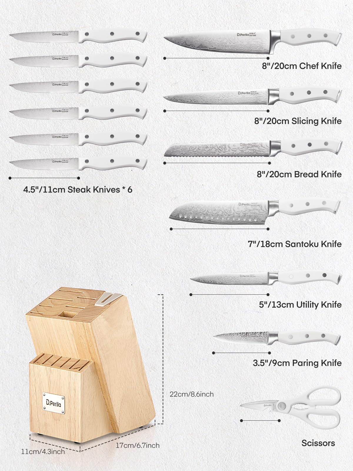 Messerblock Set, 14-teiliger selbstschärfender Messerblock mit Messer, scharfer Edelstahlmessersatz mit Kunststoffgriff und Holzblock, professionelles Küchenmesserset
