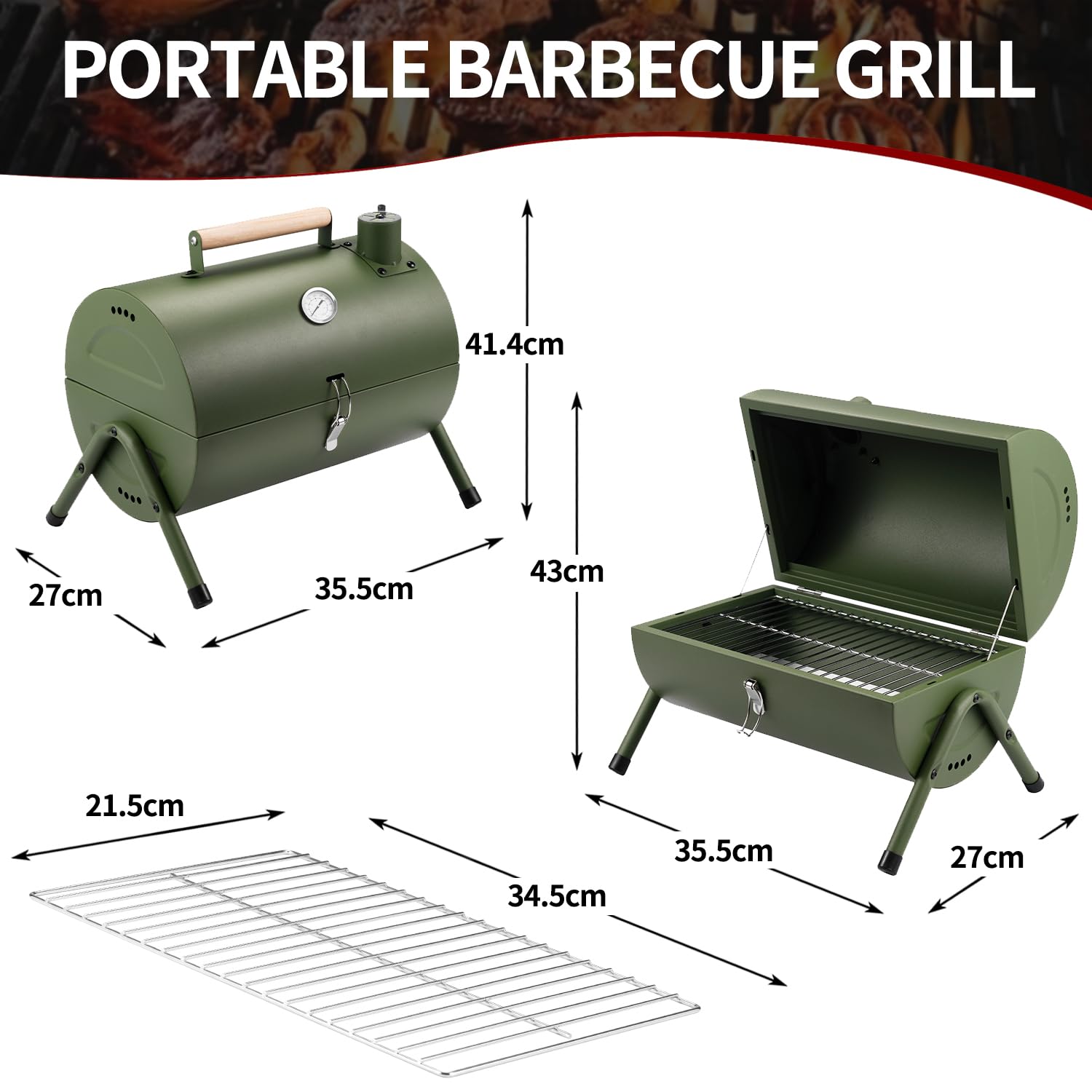 Holzkohlegrill Klein Campinggrill Kleiner Grill Camping Grill Holzkohle Mini Tragbarer Klappgrill Holzkohle für Outdoor Kochen, Picknick, Ideal für Strand, Wohnwagen, Garten, Party Barrel Schwarz