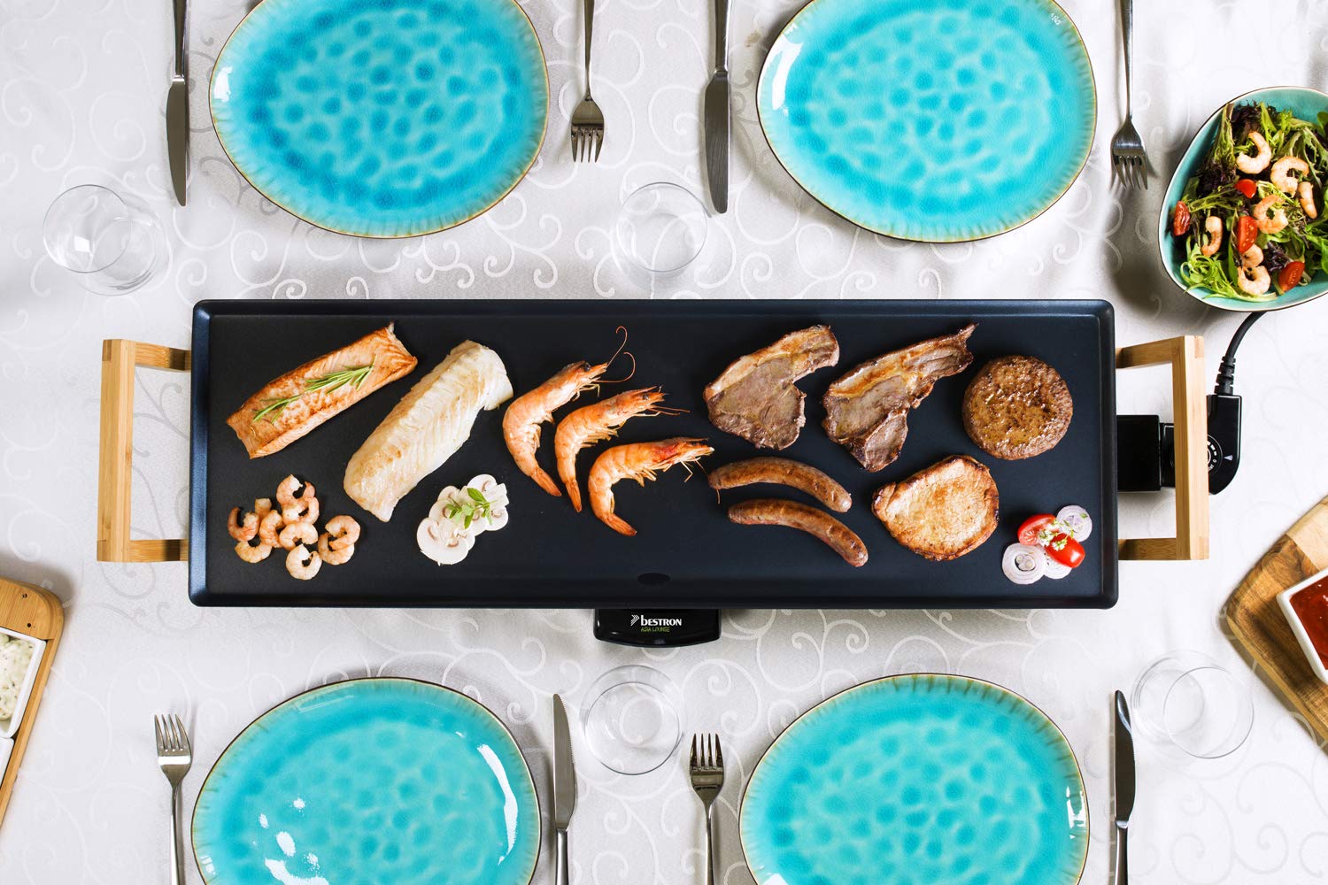 Teppanyaki Grillplatte in Asien Design, mit Bambusgriffen