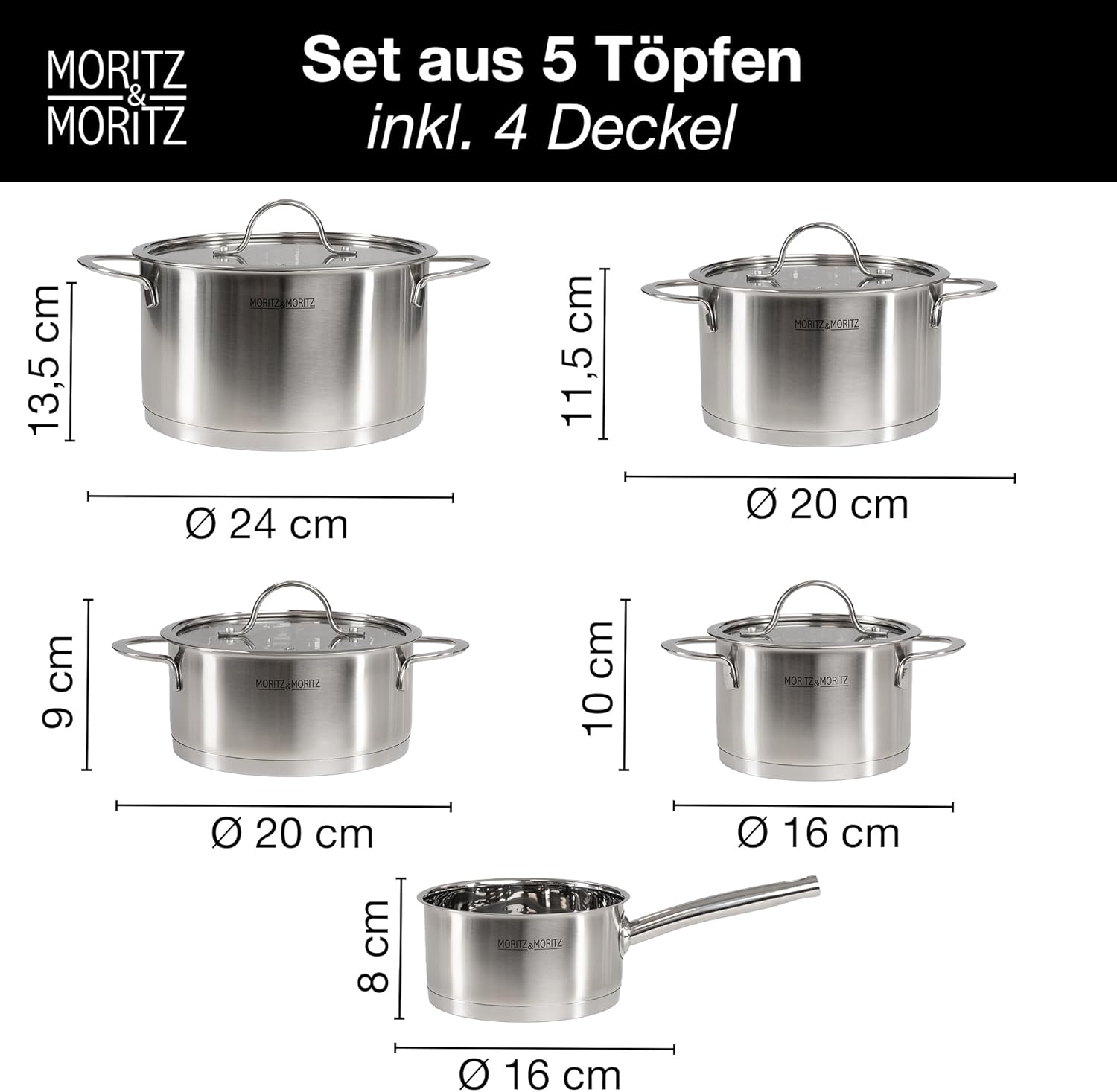 5-teiliges Kochtopfset inklusive 4 Glasdeckel - Edelstahltopf-Einführung & alle Hobs - Stilvolle Töpfe mit Deckel und Kochtopf - Geeignet für Geschirrspüler und Ofen