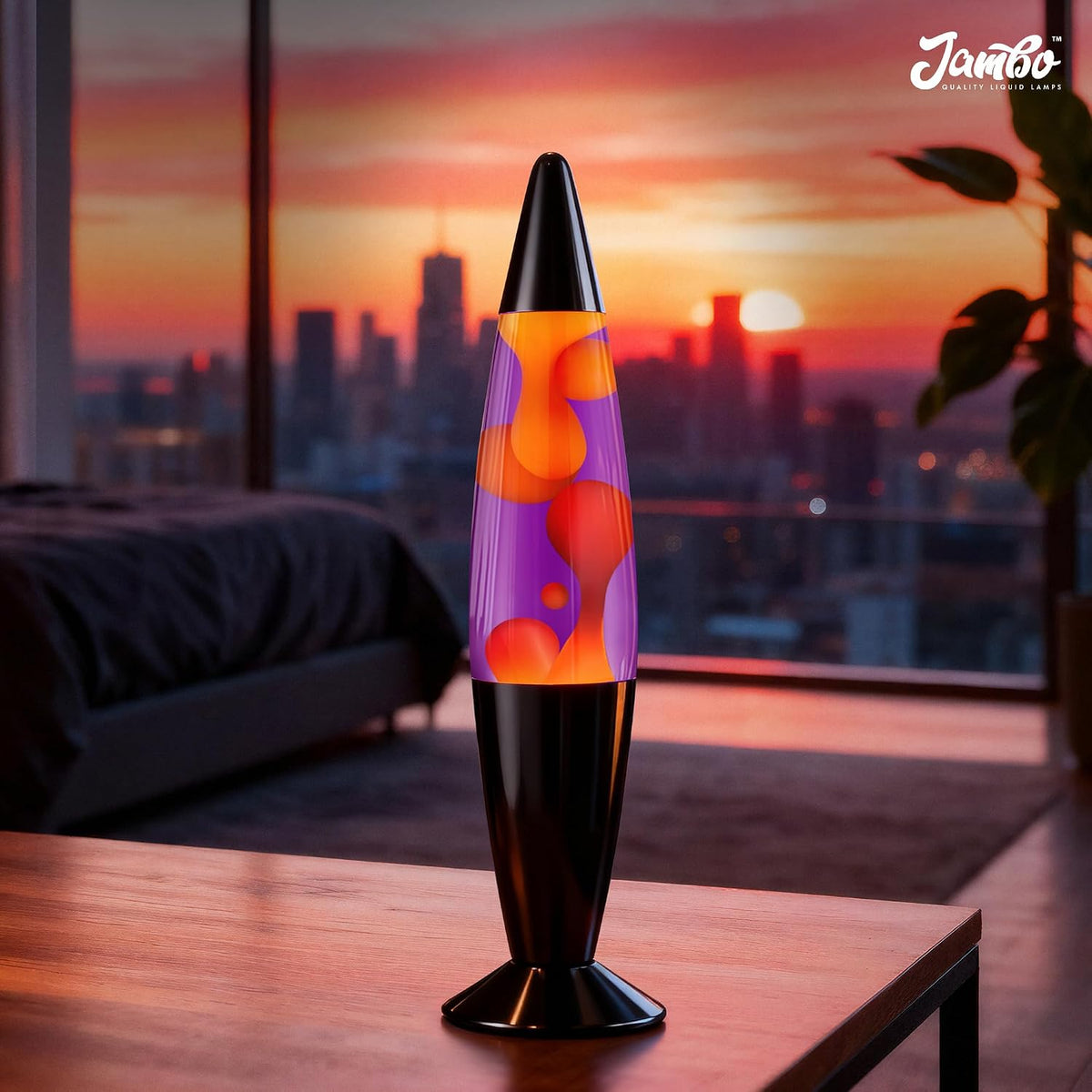 Jambo Liquid-Motion-Lampe mit schwarzem Sockel (Black Base, Purple Liquid, Yellow Wax, 16")