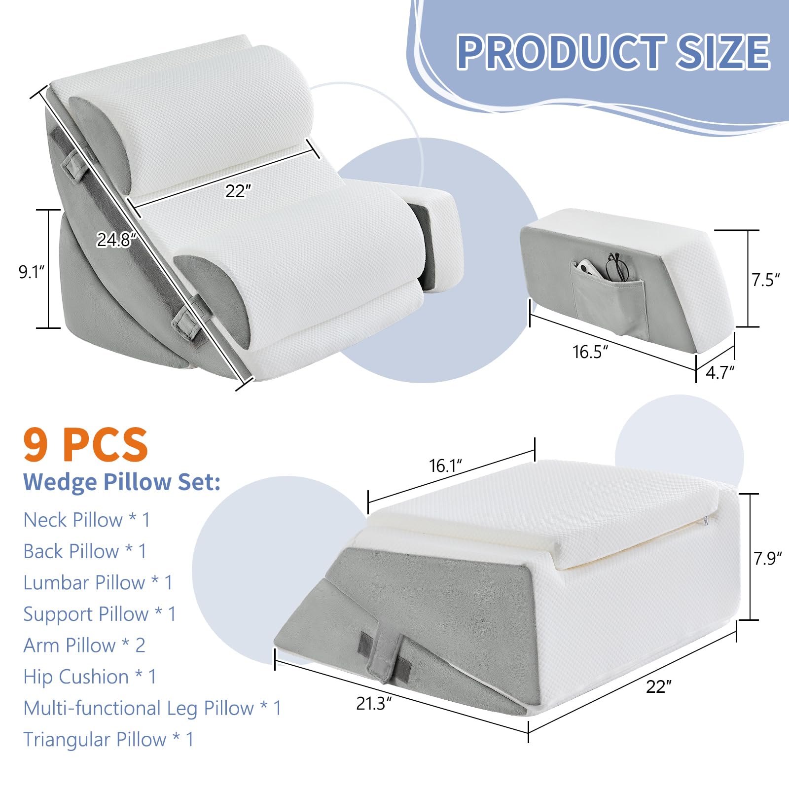 9PCS Orthopädische Bett Keil Kissen Set,Post Chirurgie Schaum Kissen für Körper, Rücken und Beine Schmerzlinderung,Justierbare Stützkissen mit Säure Reflux Bed Wedge Memory Foam Durchgehend dunkelgrau