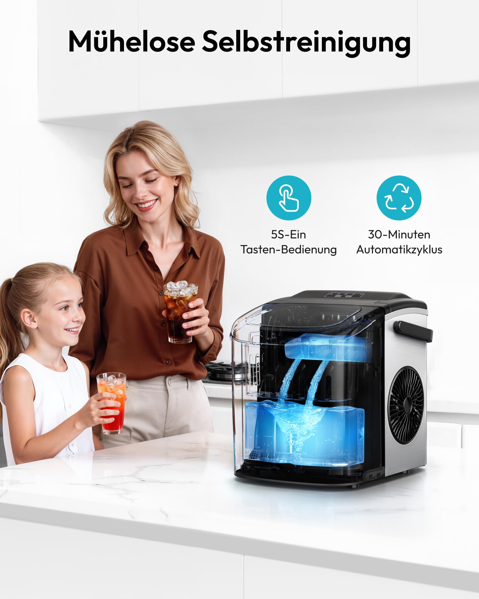 Eiswürfelmaschine Klein, 9 Eiswürfel in 6 Minuten, 12 kg/24H, Eiswürfelmaschine Edelstahl mit Tragbarem Griff, Selbstreinigender Kompakter Eiswürfelmaschinen für Zuhause/Küche/Büro/Bar