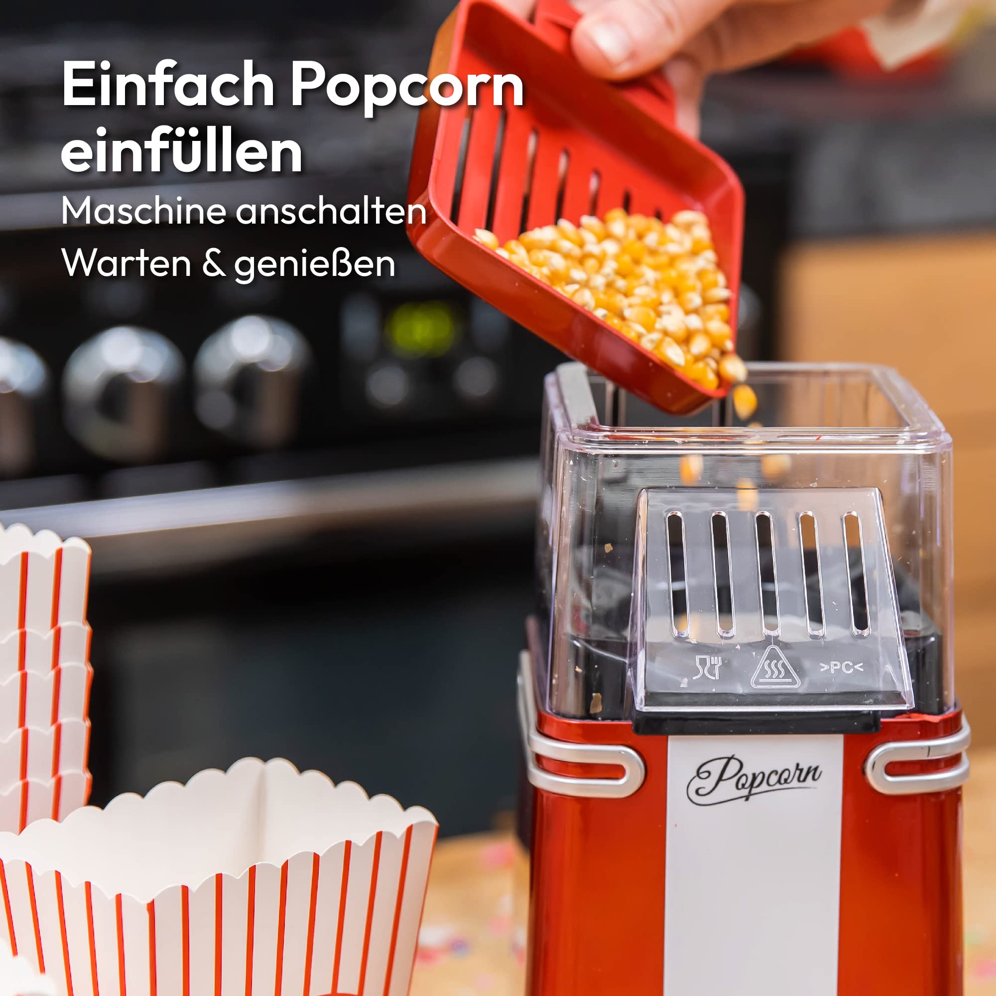 Popcorn Machine Large - Retro Popcorn Maker 5 L - Popcorn Maker with Non-Stick Coating and Removable Heating Surface - Popcorn Machine Red - Popcorn Machine 800 W - Popcorn Machine