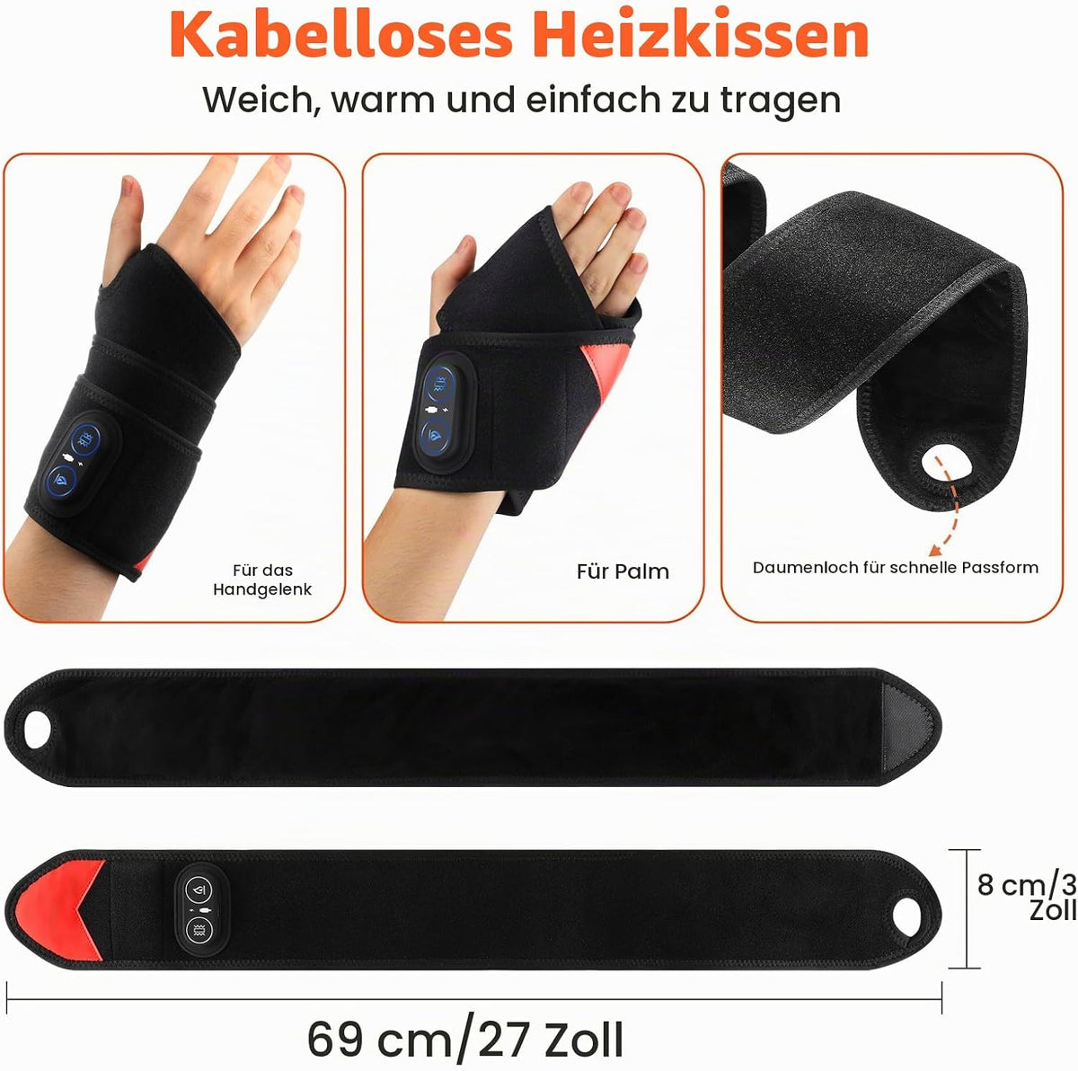 Kabellose Handgelenk-Heizbandage Mit Vibration, Tragbare Heiz-Handgelenkstütze Mit 660nm Rotem Licht, 3 Heizstufen, 3 Vibrationsmodi, Eingebauter 3000mAh-Akku, Geeignet Für Frauen Männer, 69cm Länge