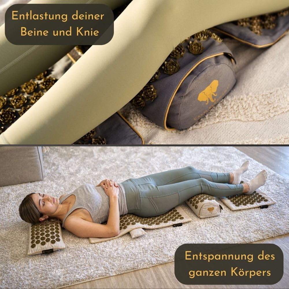 Echte Akupressurmatte mit Kissen XXL Set aus 5 Massagematten Rückenspannung Entlastung Akupunkturmatte mit Wärmefunktion, Lumbalkissen, Doormatte & Tasche, Grau