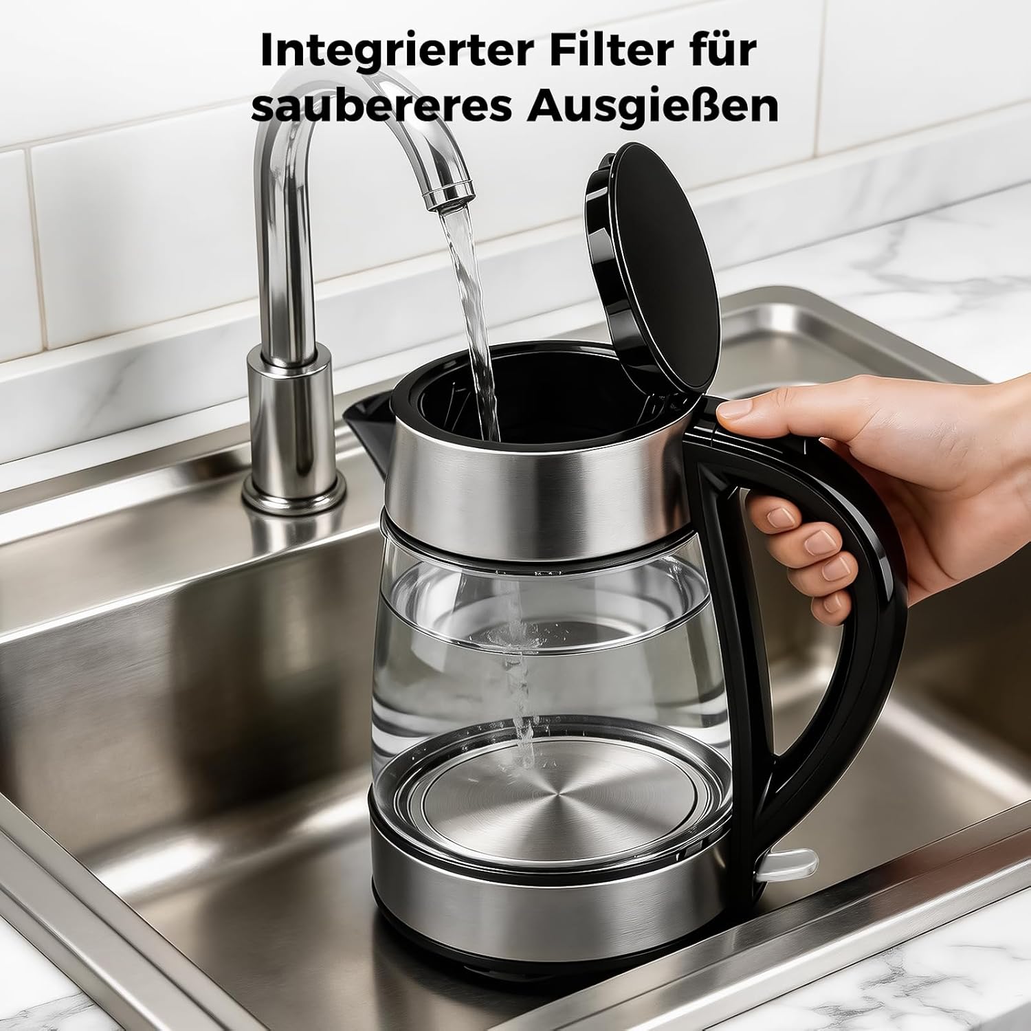 Wasserkocher mit Temperatureinstellung 1,7L 2200W Glas | 5 Temperaturstufen, 5 Farben LED, 30 Min Warmhaltefunktion, Kabellos, Kalkfilter, Abschaltautomatik