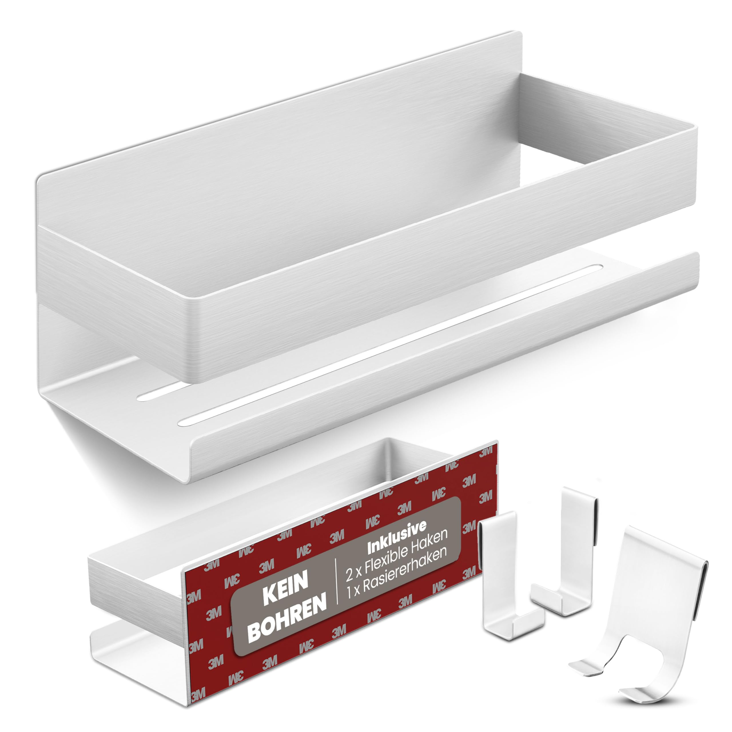 Duschablage Ohne Bohren - Badregal - Duschkorb - Bad Organizer | Massiv - silber gebürstet - 22 cm x 9 cm - 2 Klebevarianten für Nass- und Trockenbereich
