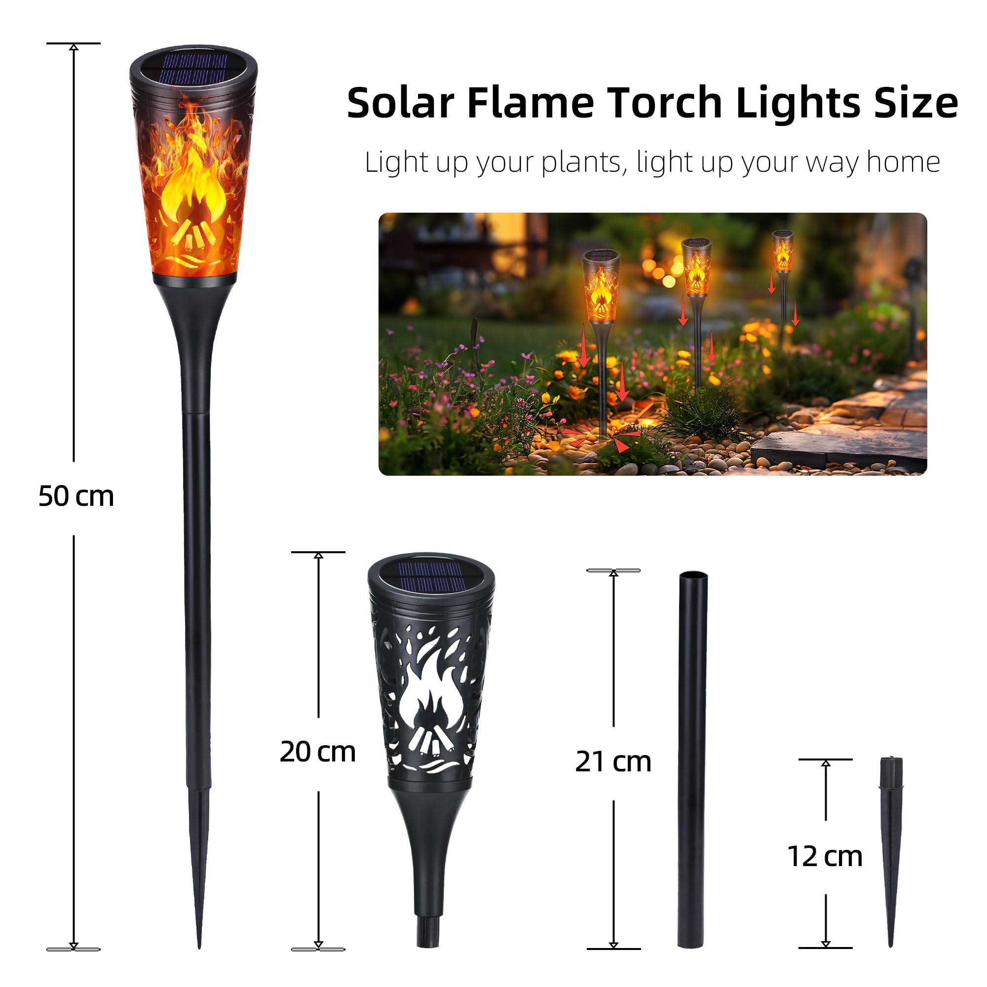 6 Stück Solarlampen für Außen - 12 LED Solarleuchten Garten mit Realistischer Flammeneffekt, IP65 Wasserdicht Gartenfackeln Solar für Außen, Hinterhöfe, Gärten, Rasen Beleuchtung
